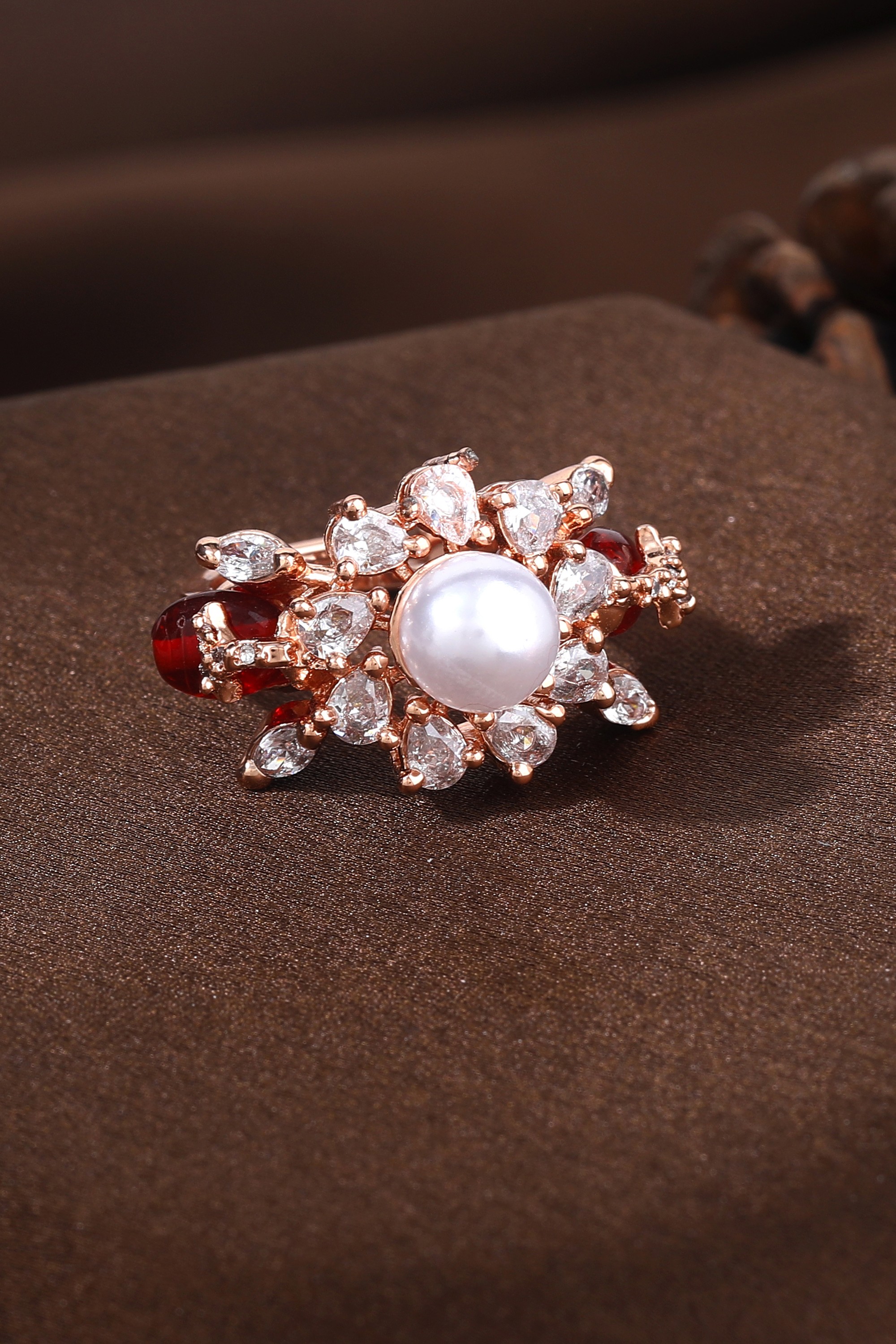 Estele Rosegold Plated Dazzling Ruby Red Beaded Adjustable Varya Finger Ring for Women|Classic Beauty with Modern Touch