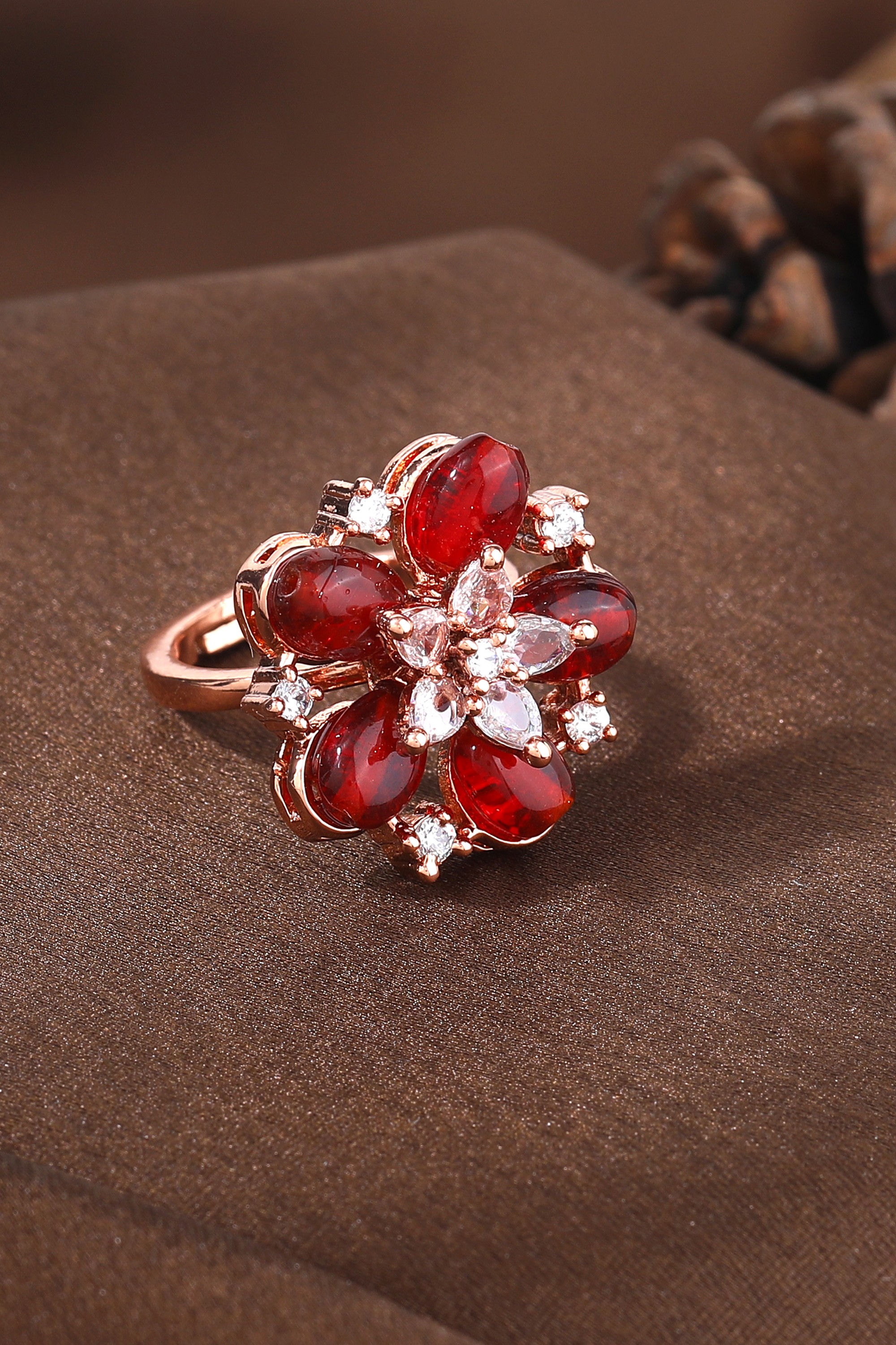 Estele Rosegold Plated Charming Floral Pattern Ruby Red Beaded Adjustable Varya Finger Ring|A Stylish & Unique Accessory for Women