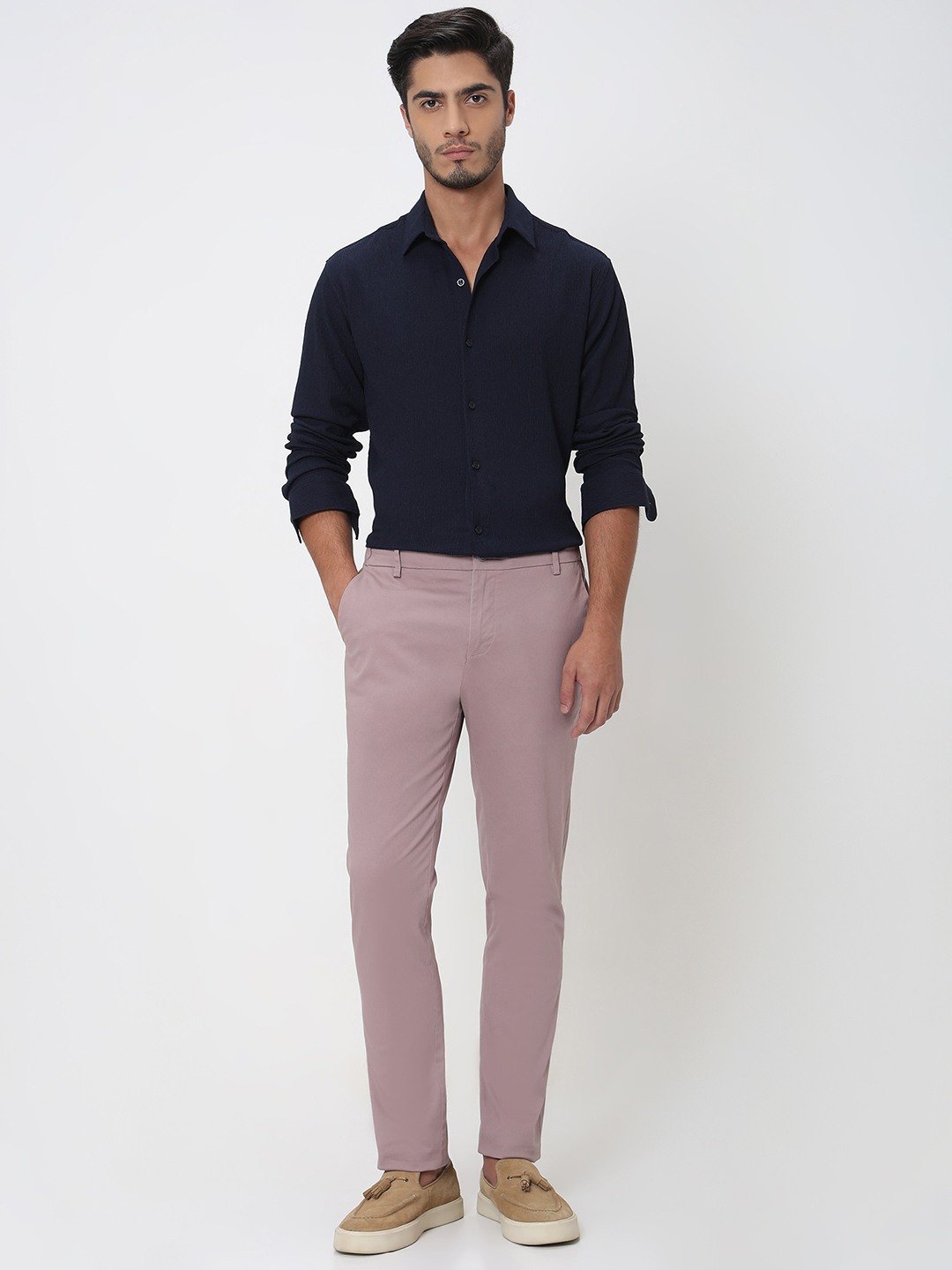 Navy Textured Plain Slim Fit Casual Shirt