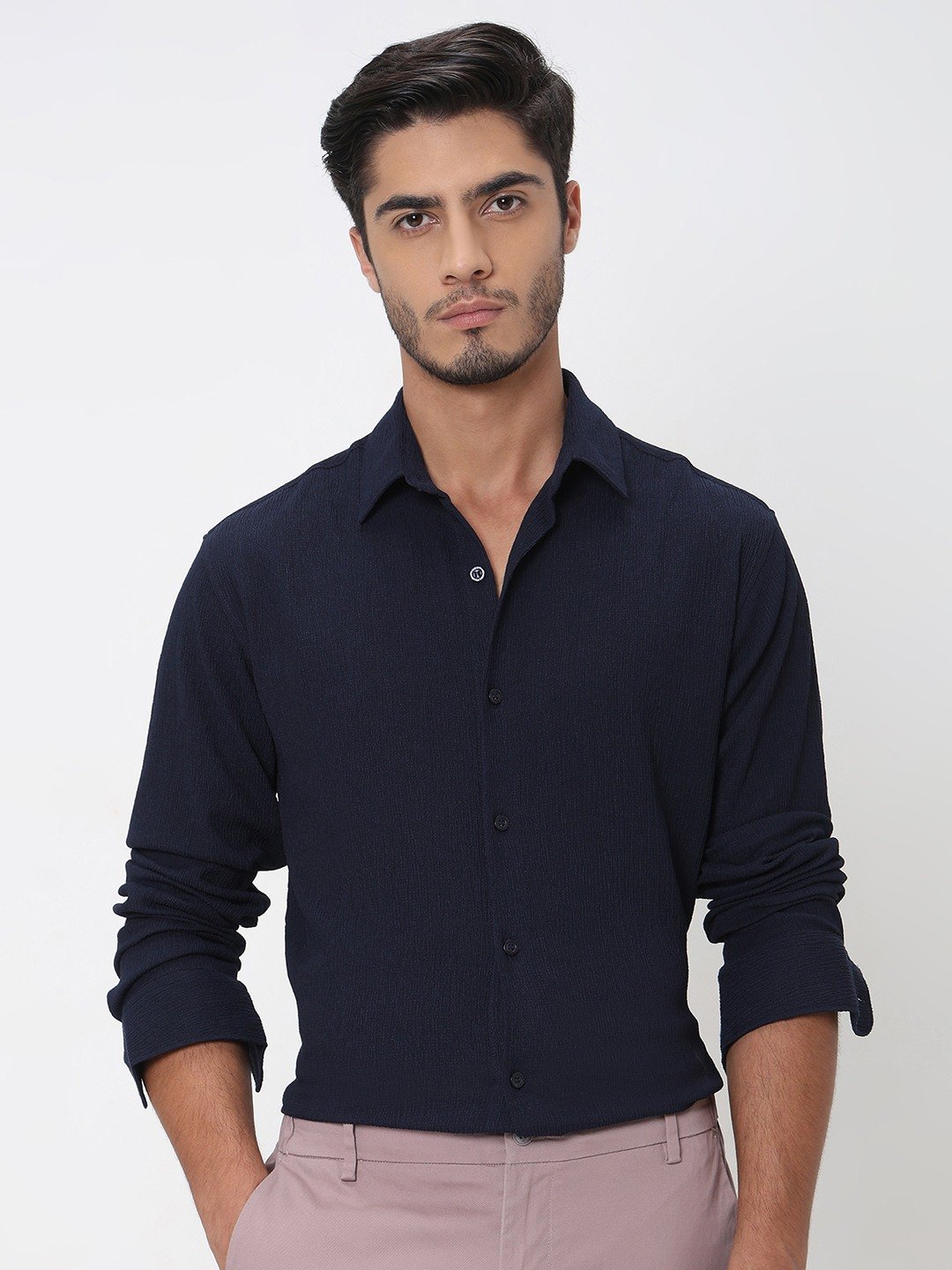 Navy Textured Plain Slim Fit Casual Shirt