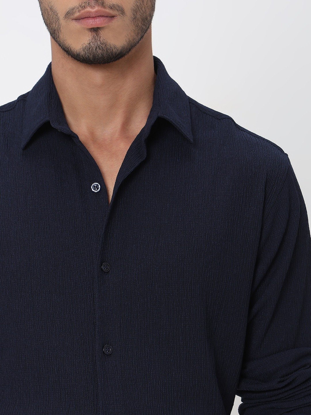 Navy Textured Plain Slim Fit Casual Shirt