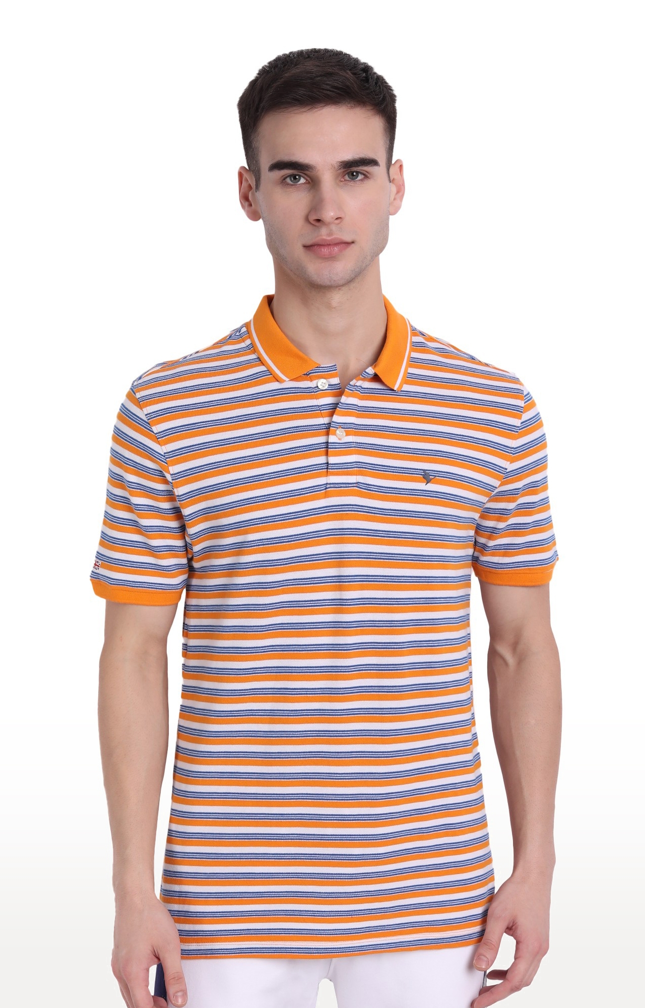 Am Swan | Men's Orange and Blue Cotton Striped Polo T-Shirt