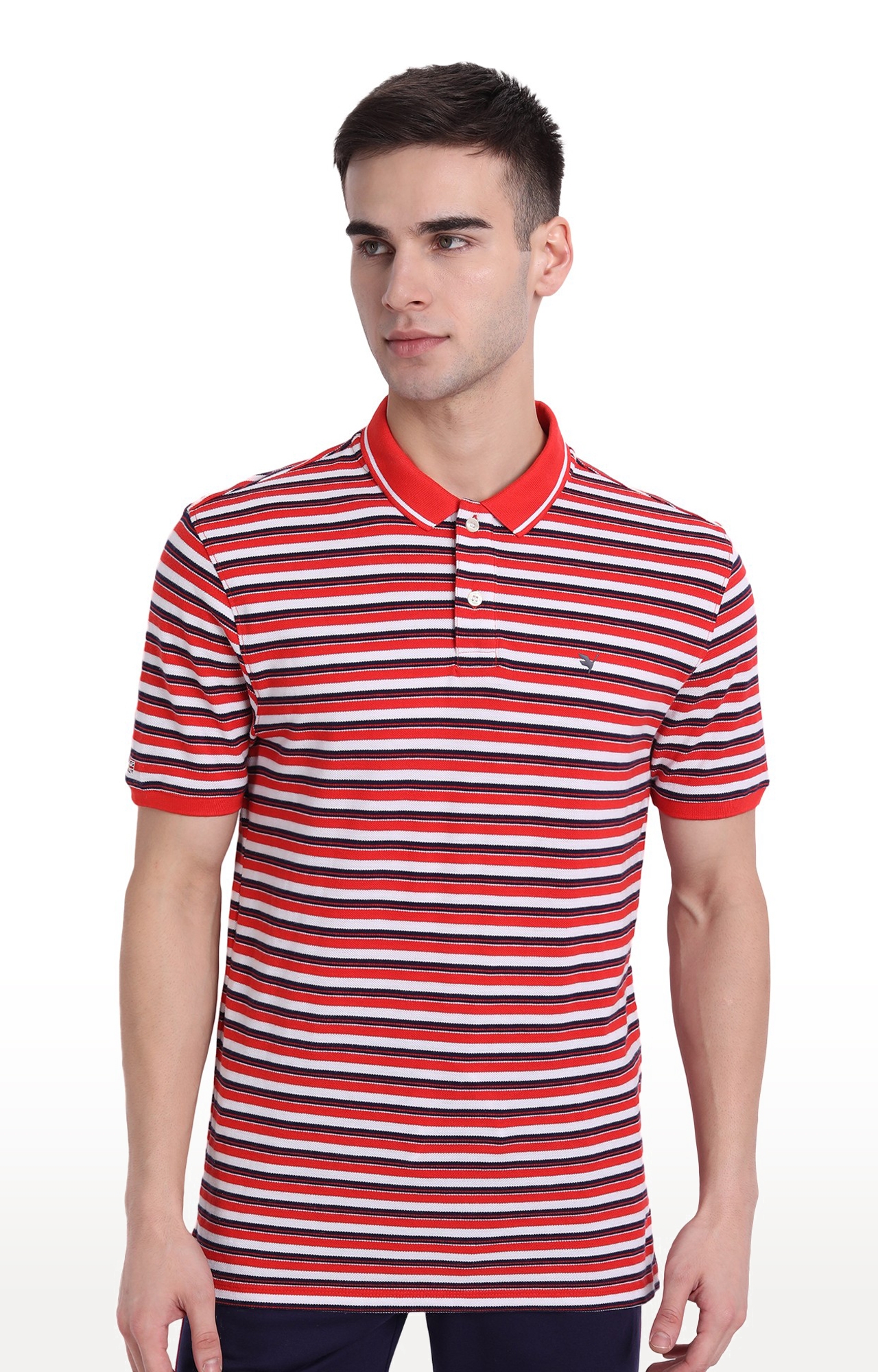 Am Swan | Men's Red and Navy Cotton Striped Polo T-Shirt
