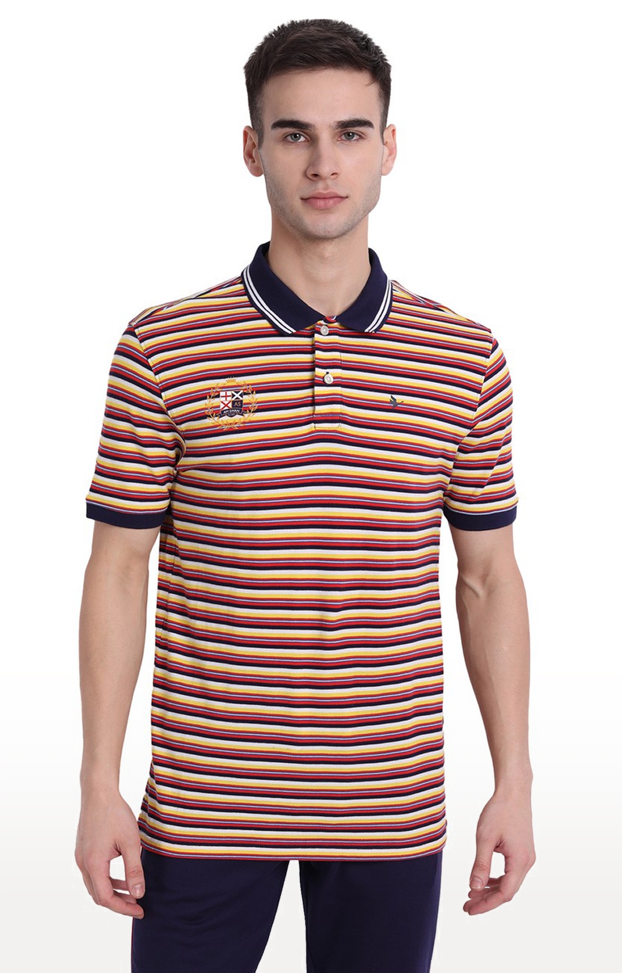Men's Orange Cotton Striped Polo T-Shirt