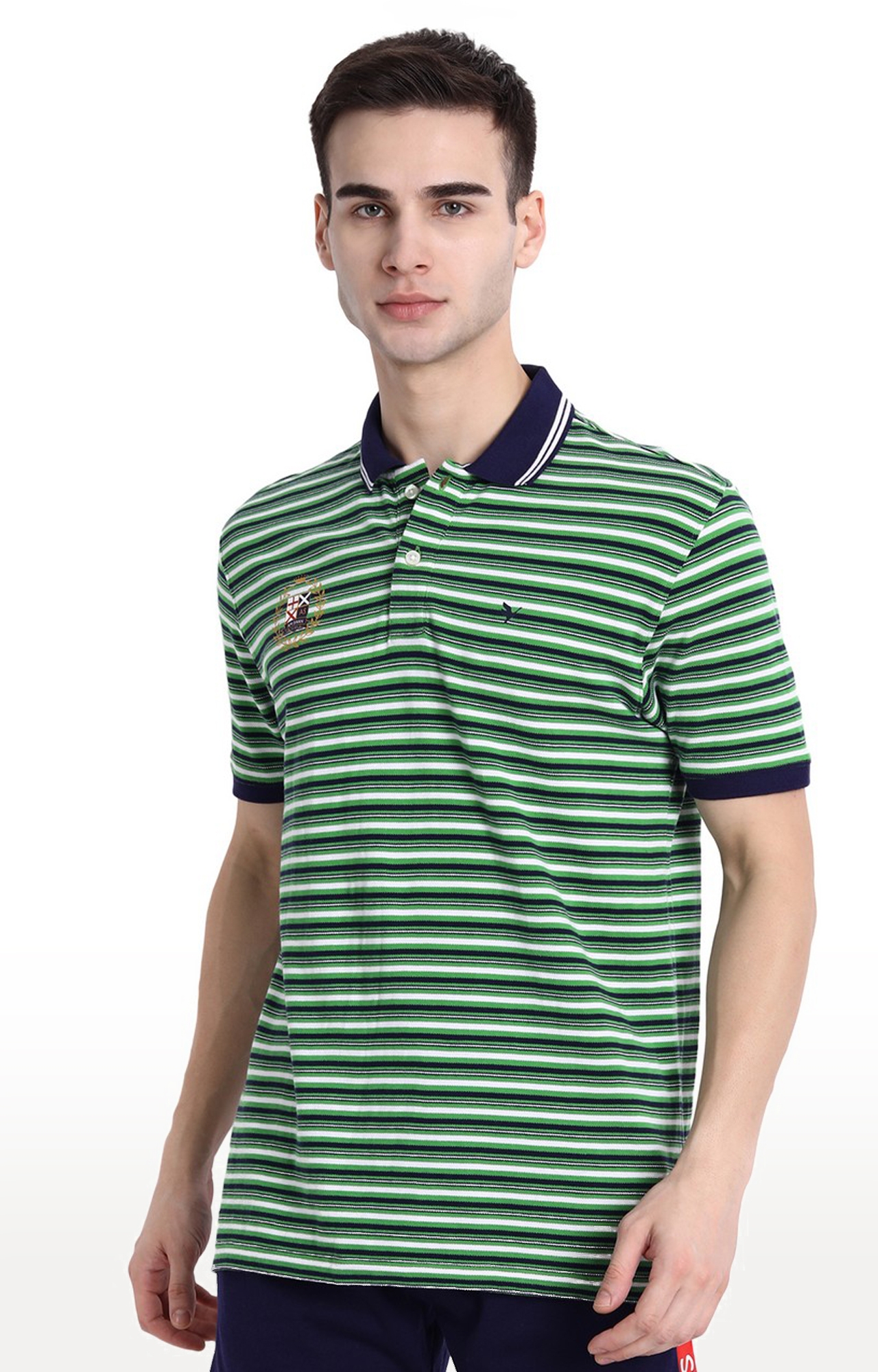Men's Green Cotton Striped Polo T-Shirt