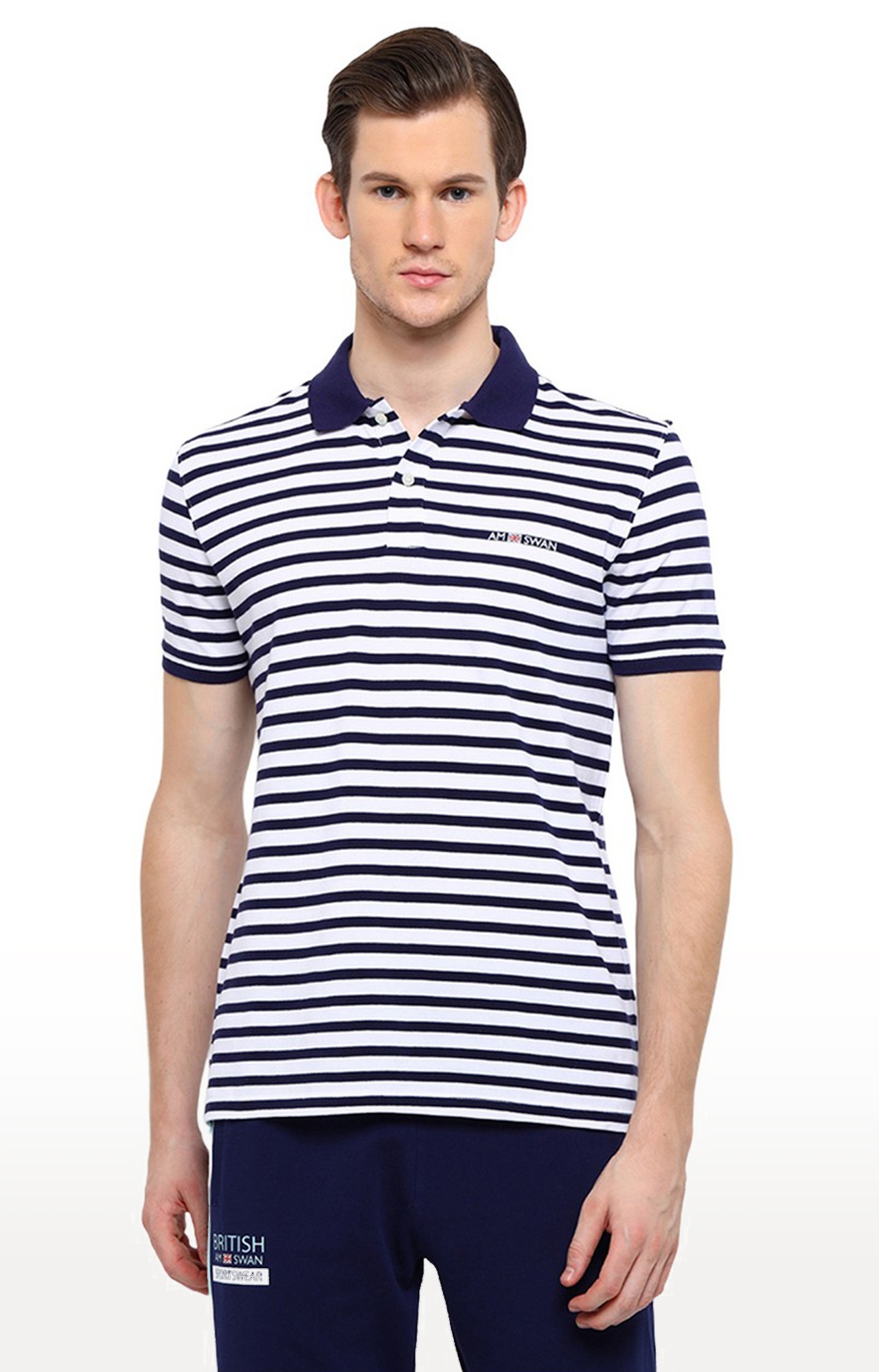 Am Swan | Men's White and Blue Cotton Striped Polo T-Shirt
