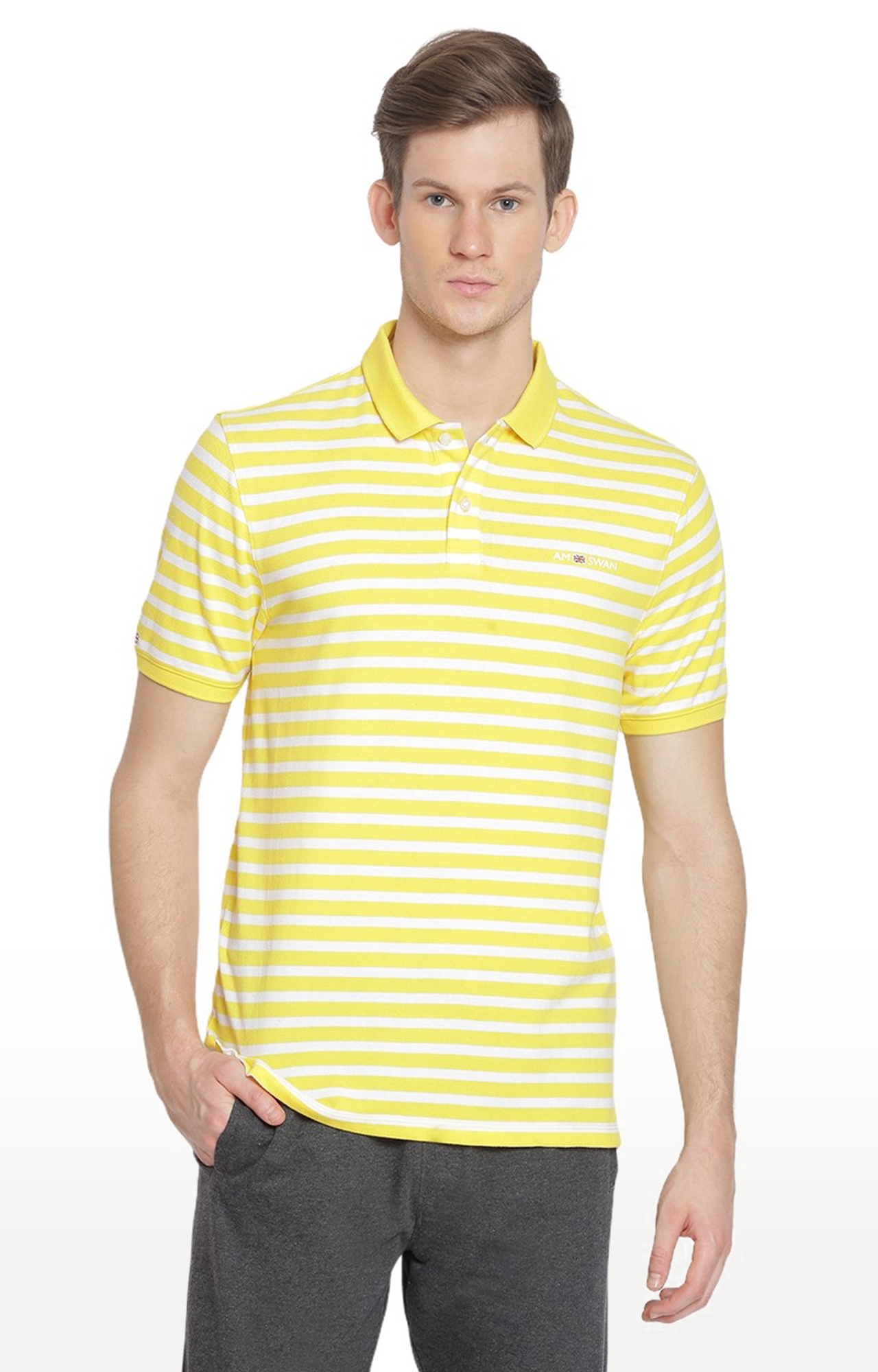 Am Swan | Men's Yellow Cotton Striped Polo T-Shirt