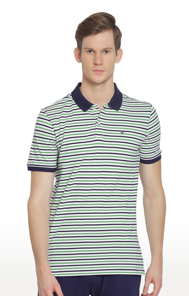 Am Swan | Men's Green and Blue Cotton Striped Polo T-Shirt