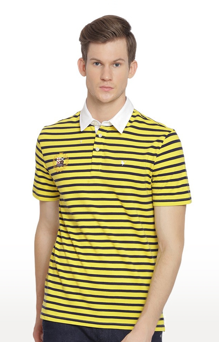 Men's Yellow and Blue Cotton Striped Polo T-Shirt