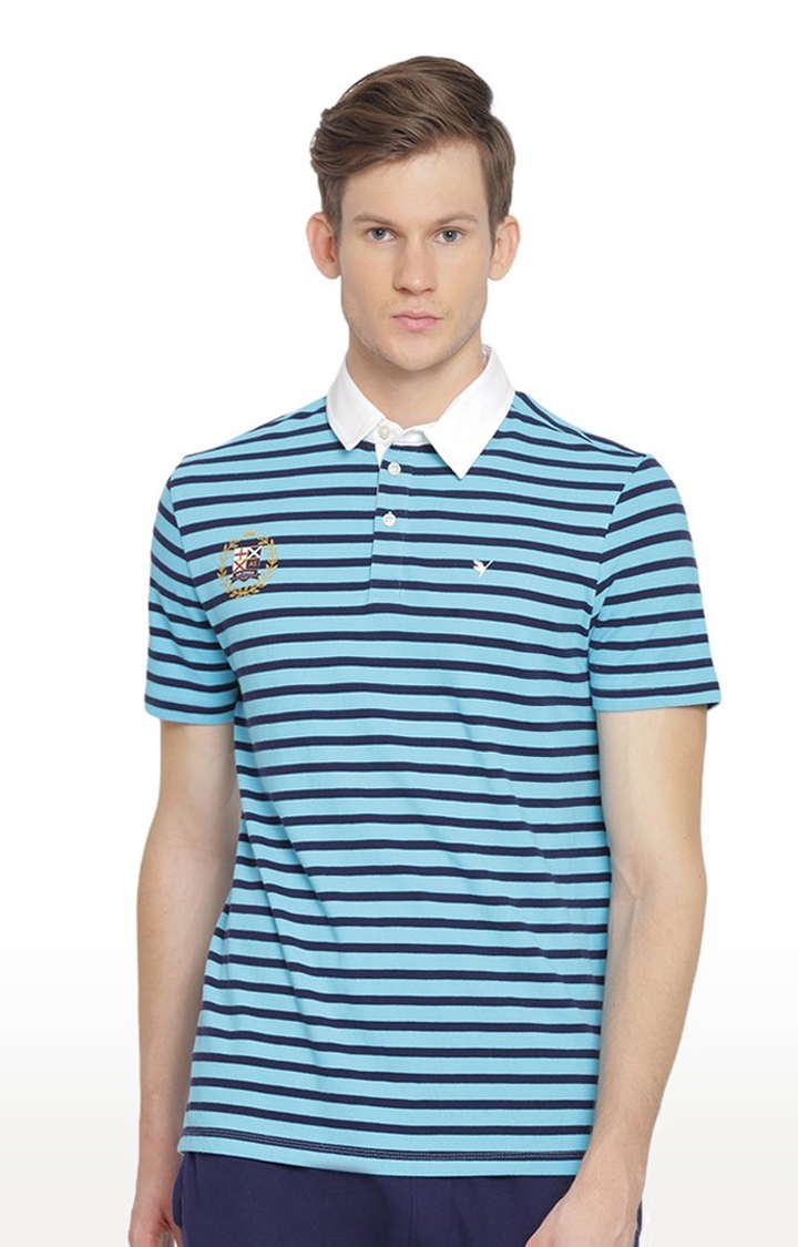 Am Swan | Men's Blue Cotton Striped Polo T-Shirt