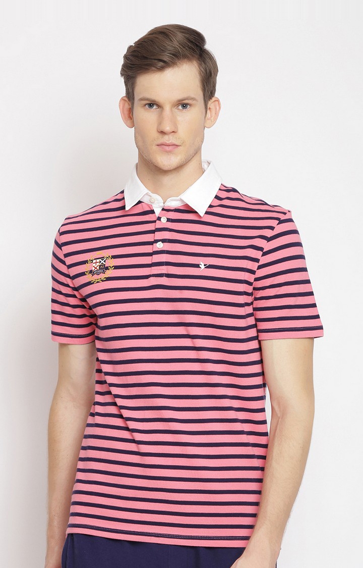 Am Swan | Men's Pink Cotton Striped Polo T-Shirt