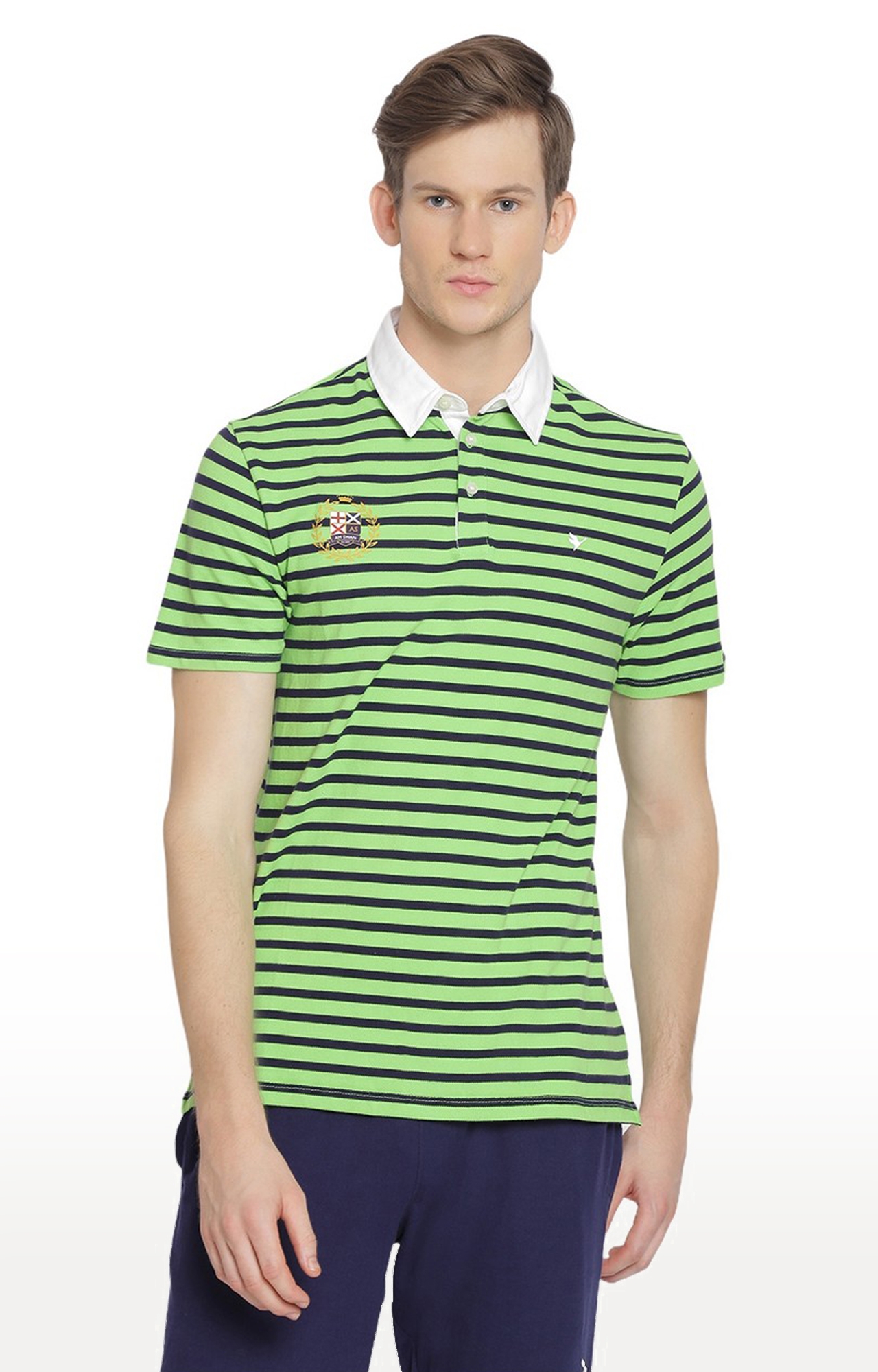 Am Swan | Men's Green Cotton Striped Polo T-Shirt