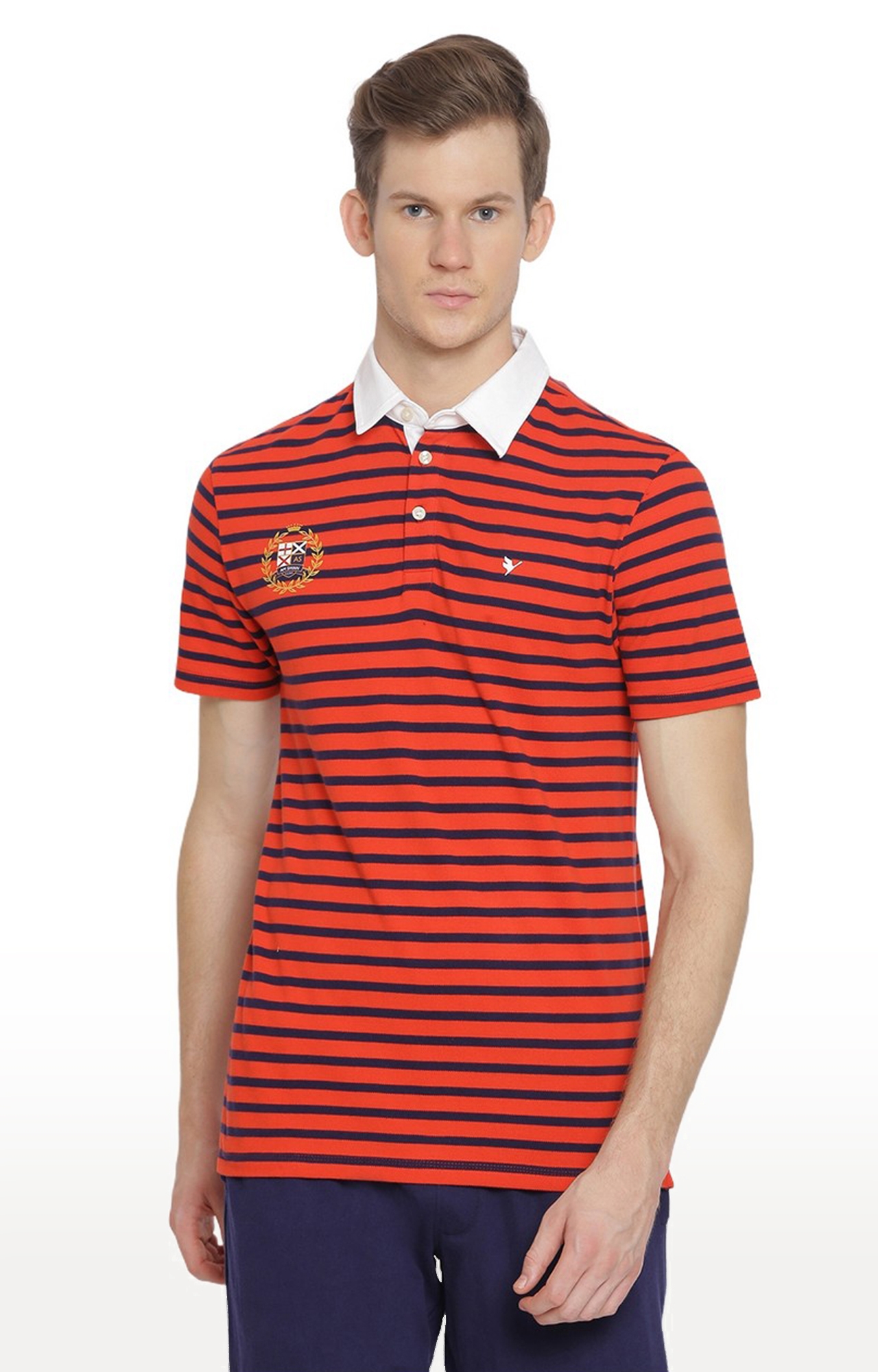 Am Swan | Men's Red Cotton Striped Polo T-Shirt
