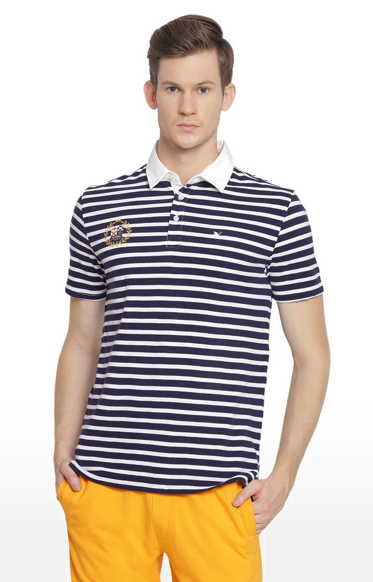 Am Swan | Men's Blue and White Cotton Striped Polo T-Shirt