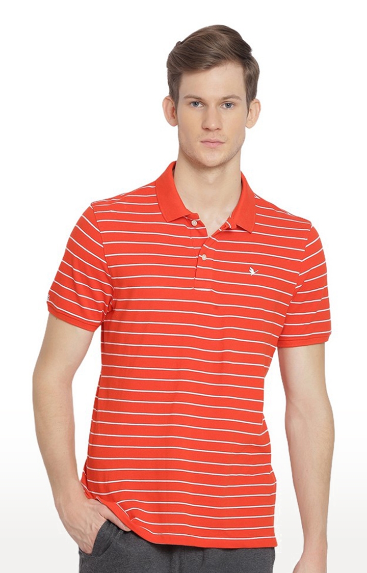 Am Swan | Men's Red and White Cotton Striped Polo T-Shirt