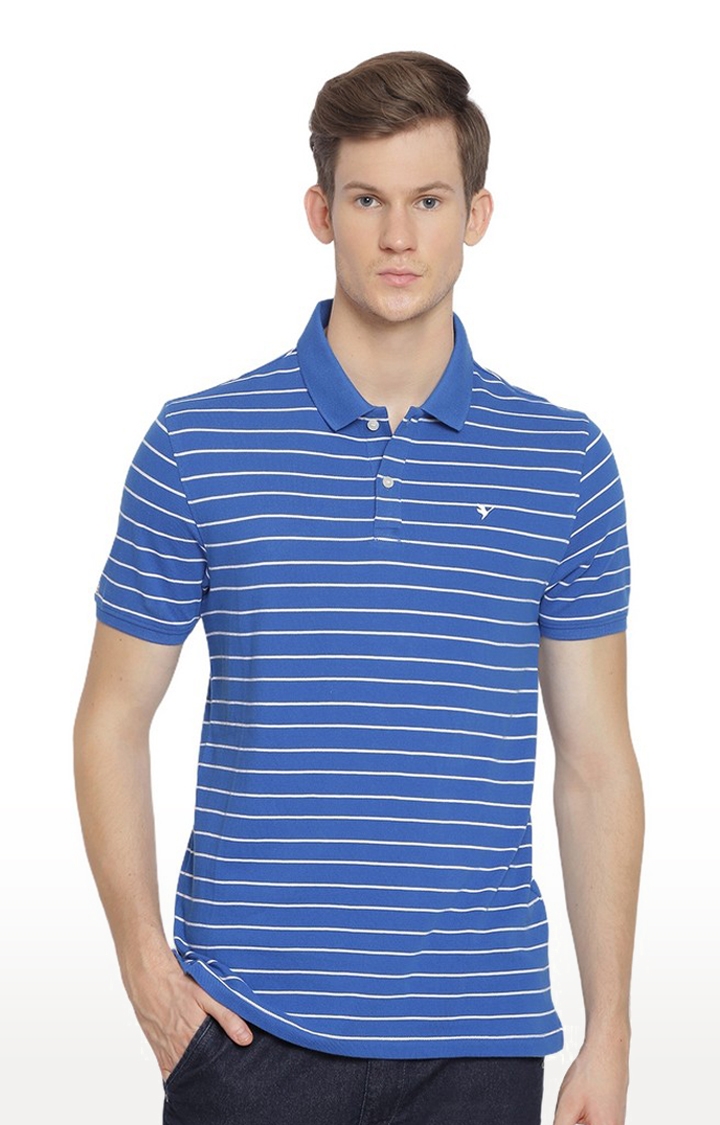 Men's Blue and White Cotton Striped Polo T-Shirt