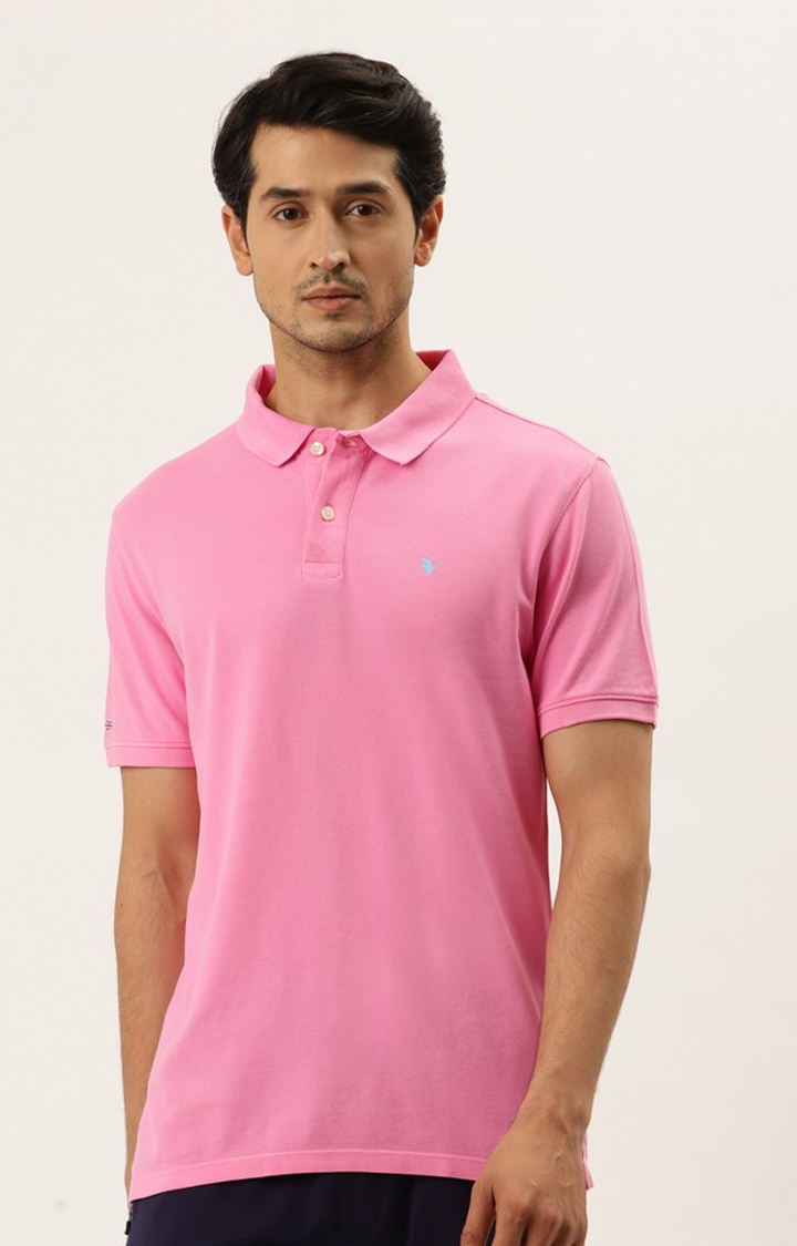 Men's Pink Cotton Solid Polo T-Shirt
