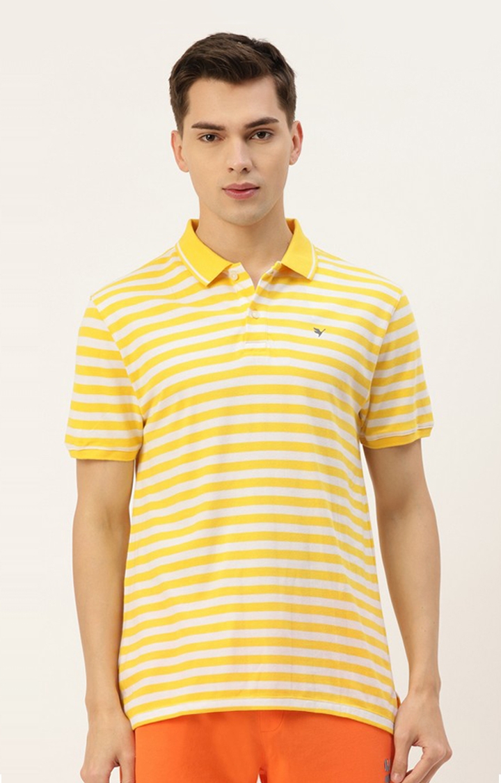 Men's Yellow Cotton Blend Striped Polo T-Shirt