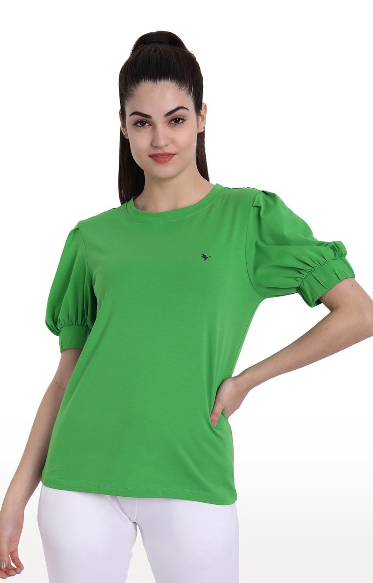 Women's Green Cotton Solid Regular T-Shirt