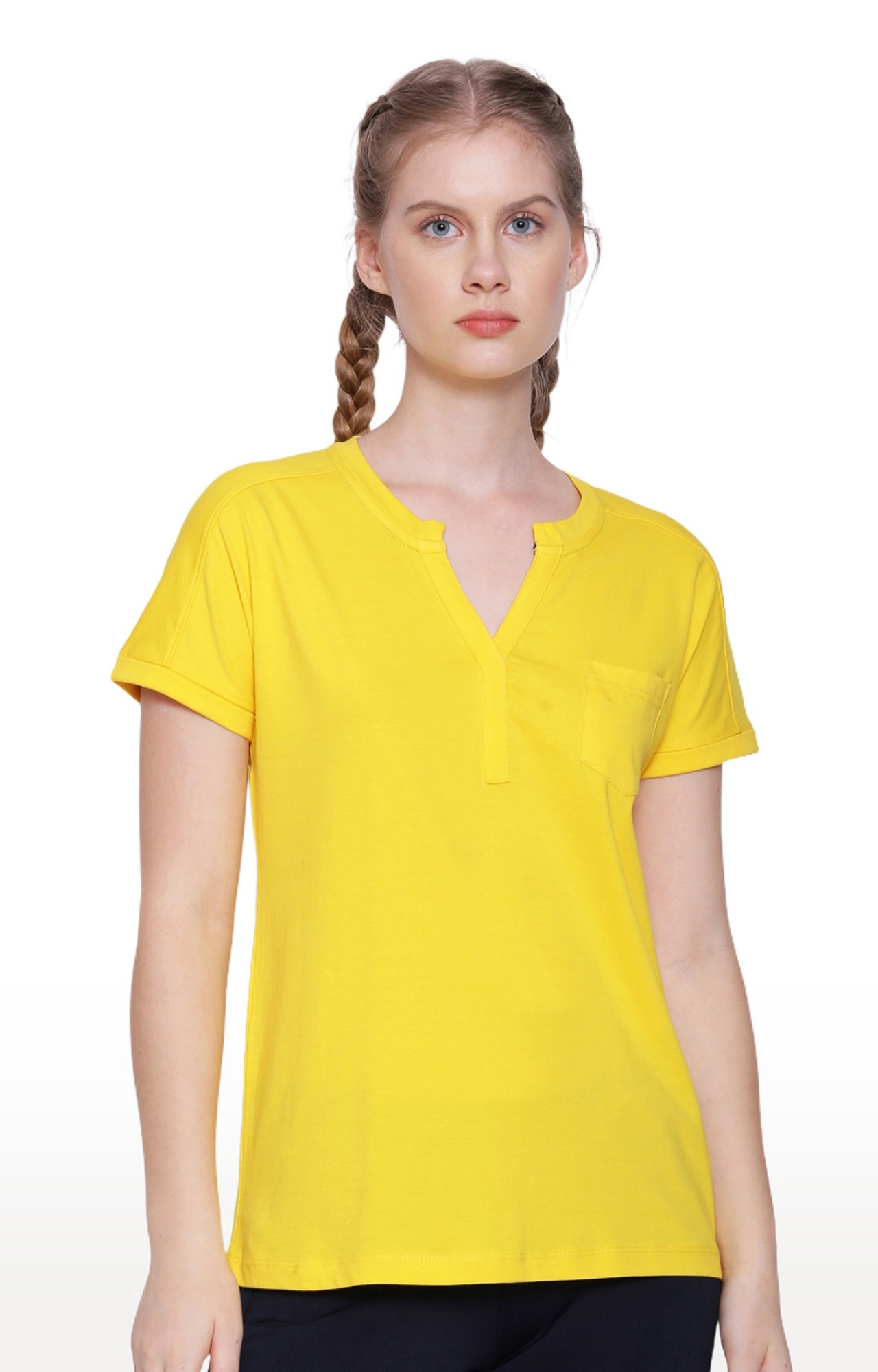 Women's Yellow Cotton Solid Regular T-Shirt