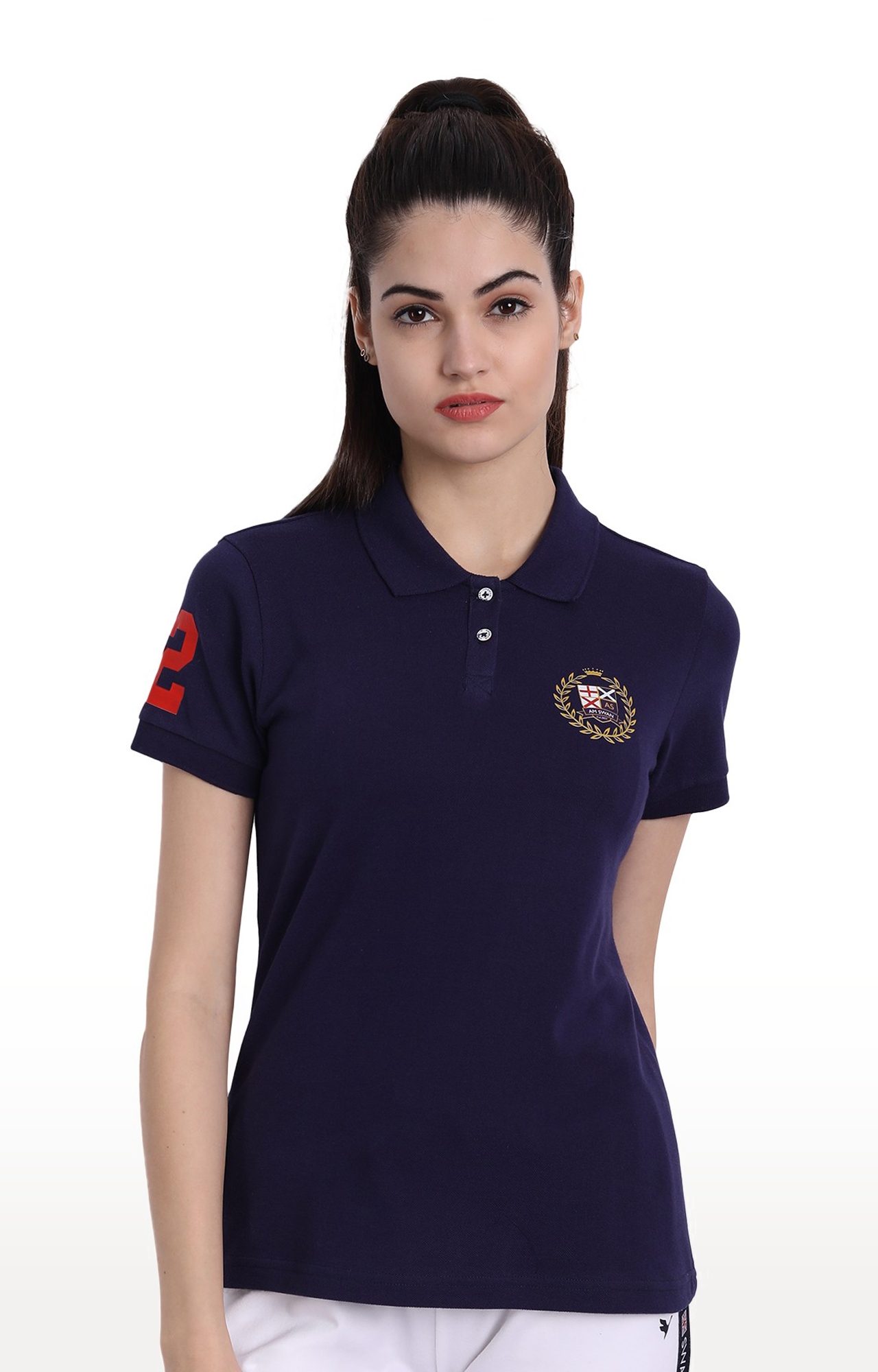 Am Swan | Women's Navy Cotton Solid Polo T-Shirt
