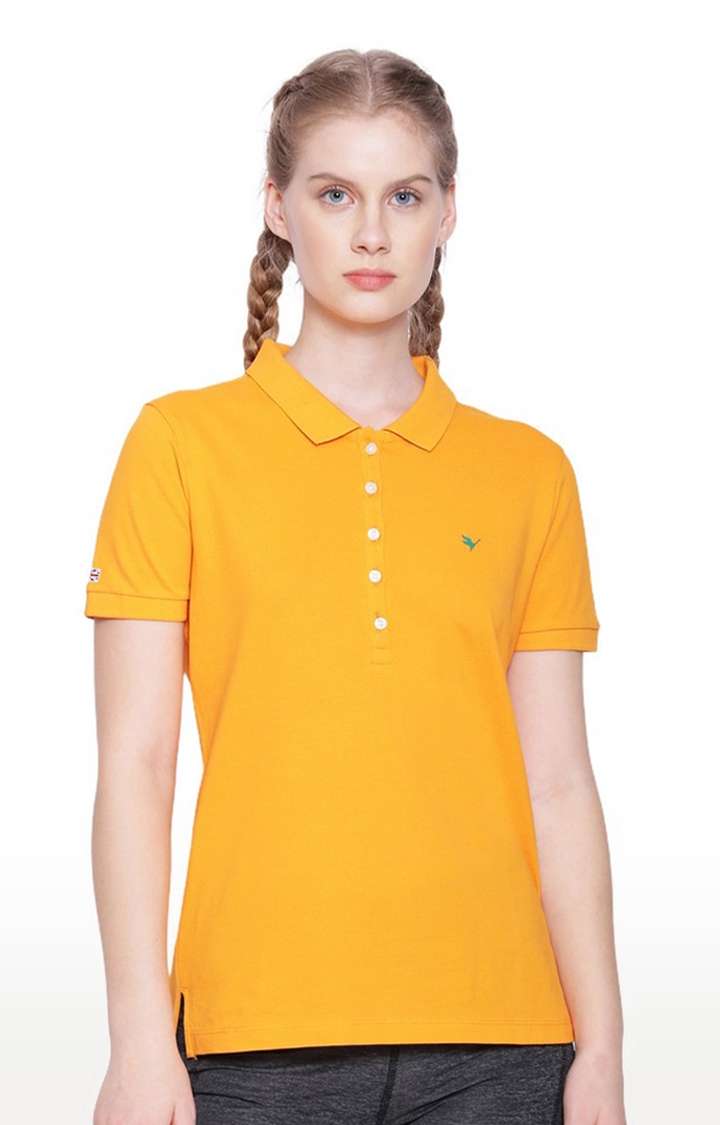 Women's Mustrad Yellow Cotton Solid Polo T-Shirt