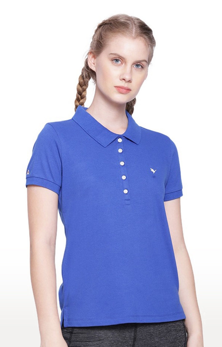 Women's Blue Cotton Solid Polo T-Shirt
