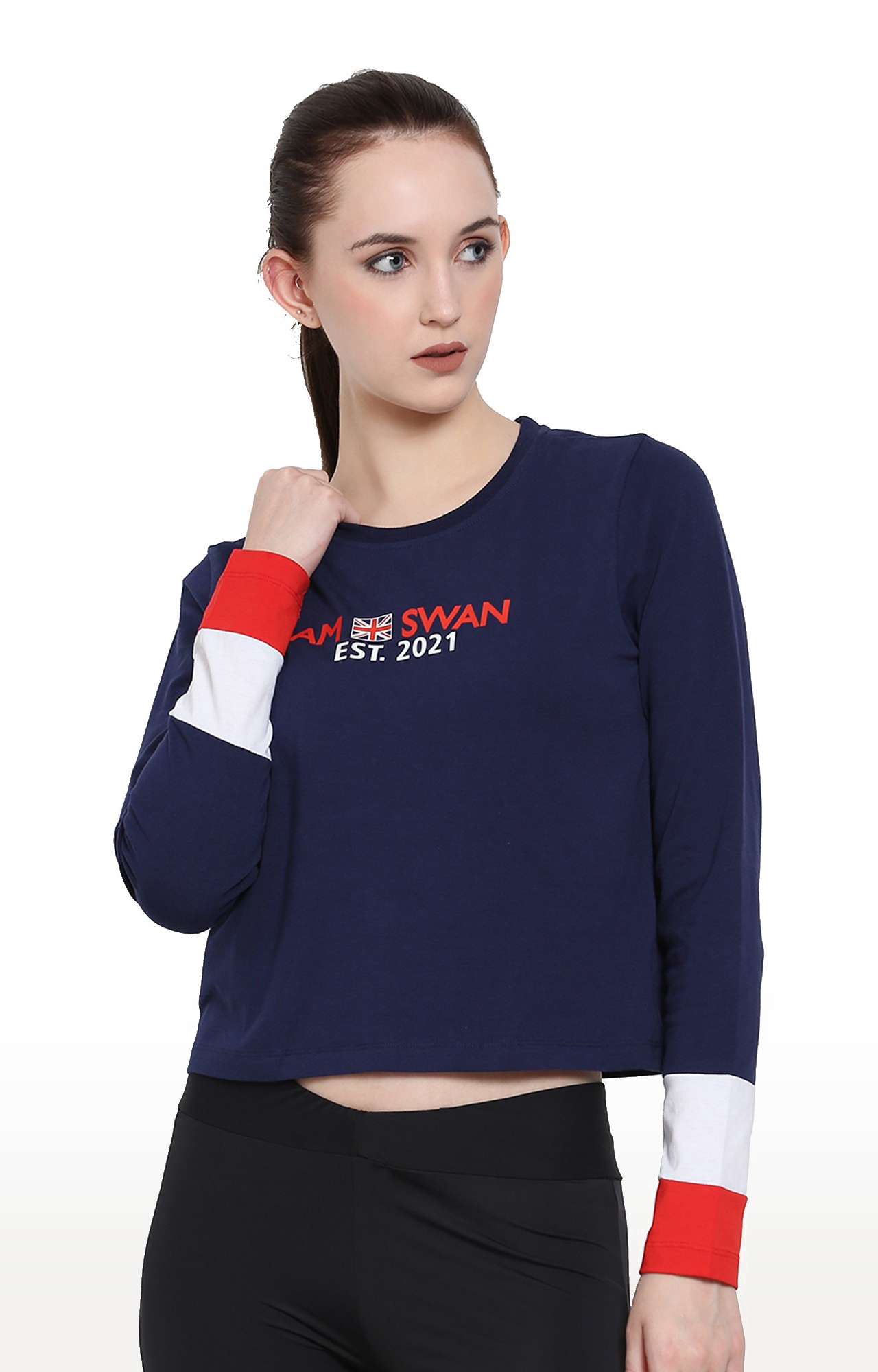 Women's Navy Cotton Typographic Printed Regular T-Shirt