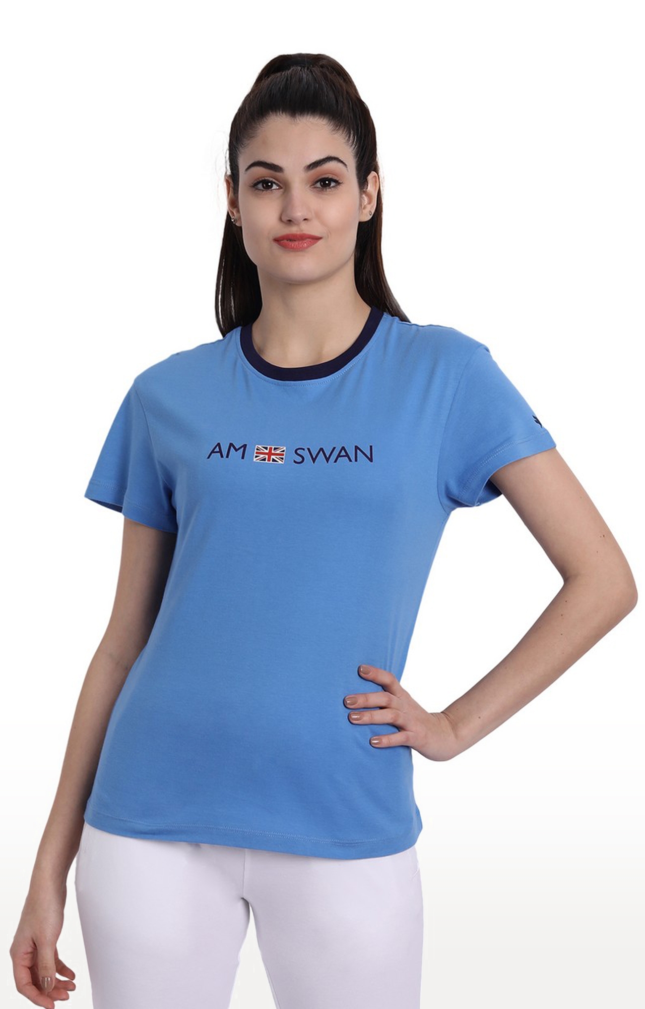 Am Swan | Women's Blue Cotton Typographic Printed Regular T-Shirt
