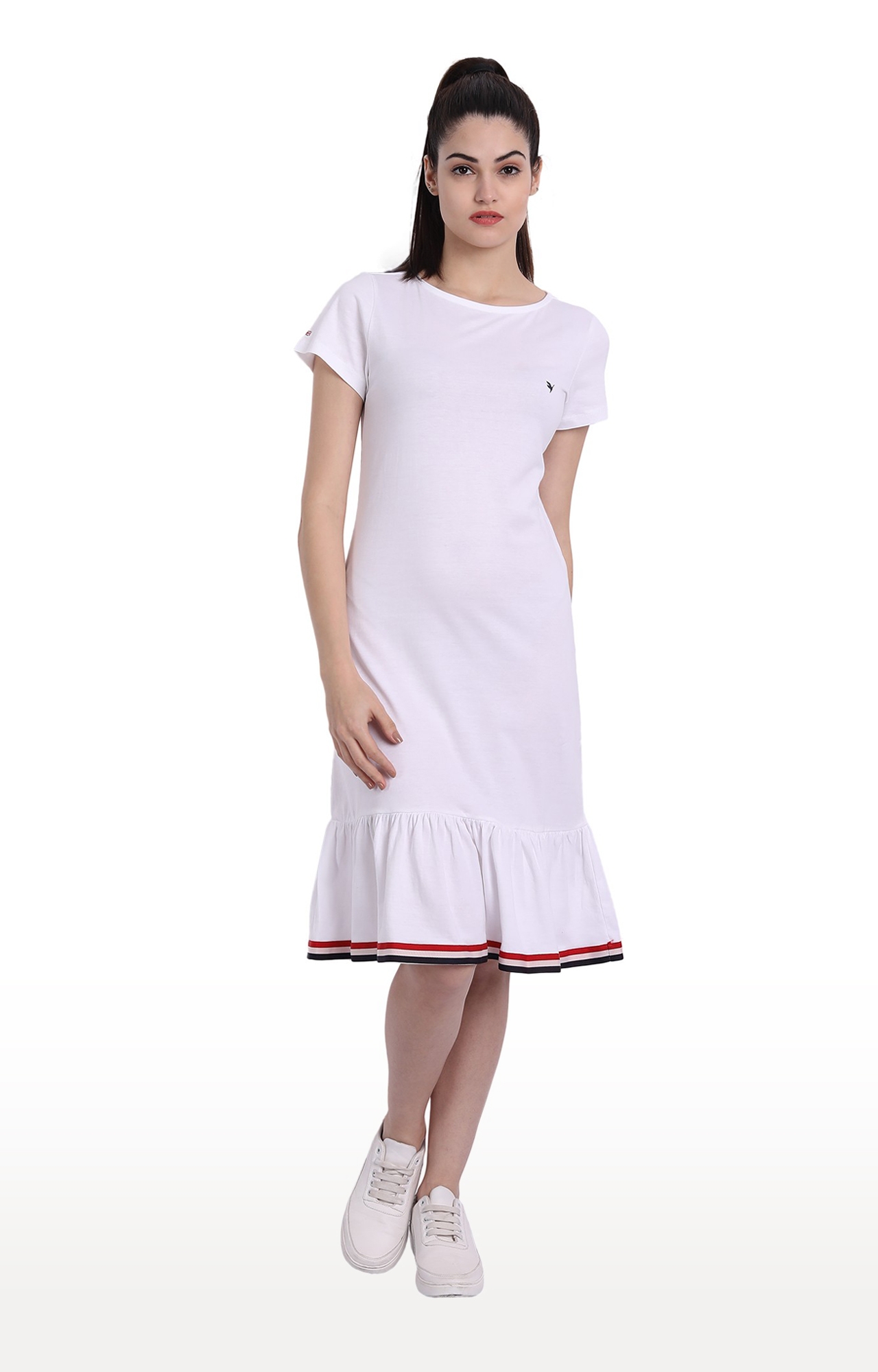 Women's White Cotton Solid Tiered Dress