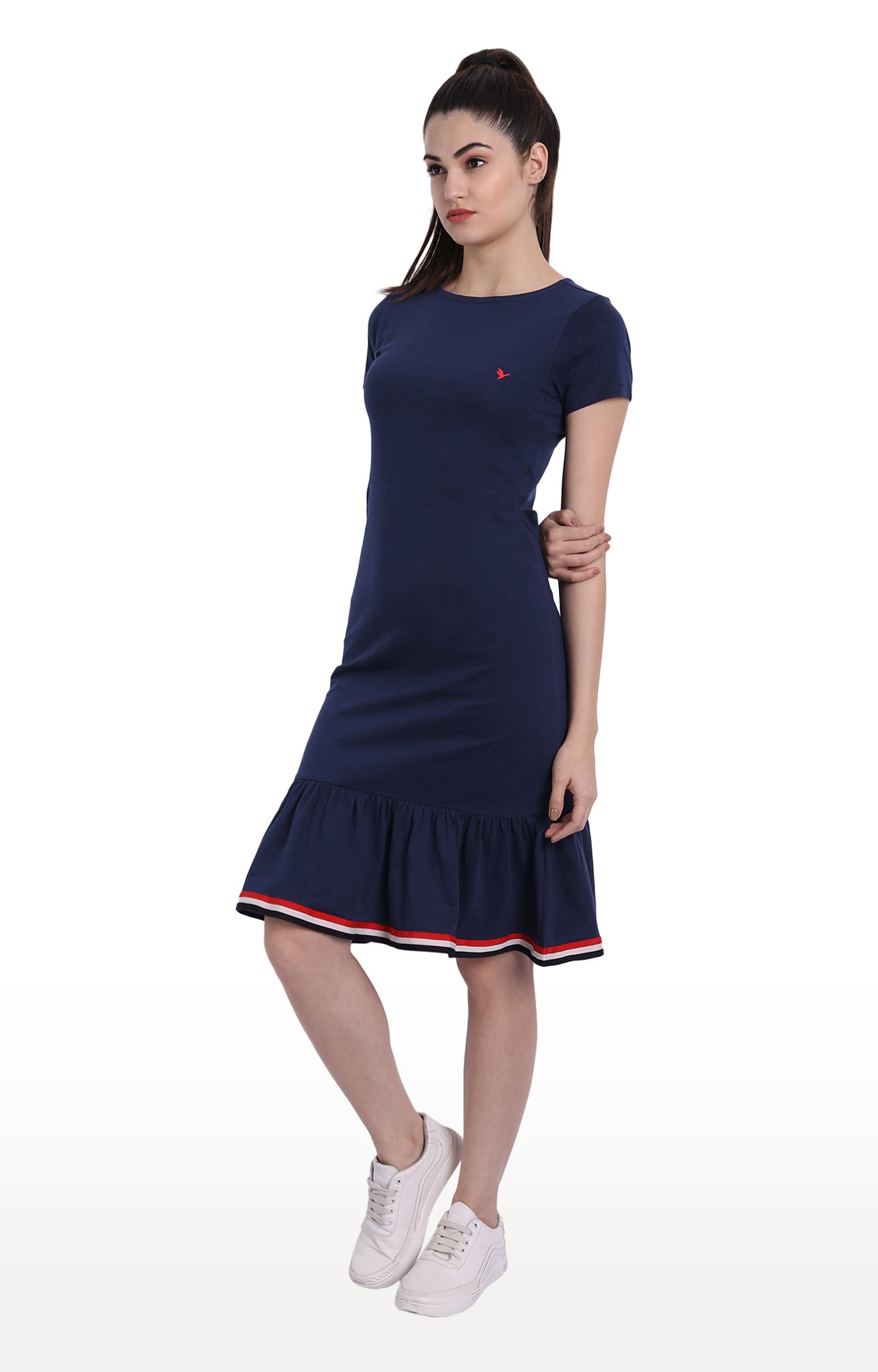 Women's Navy Cotton Solid Tiered Dress