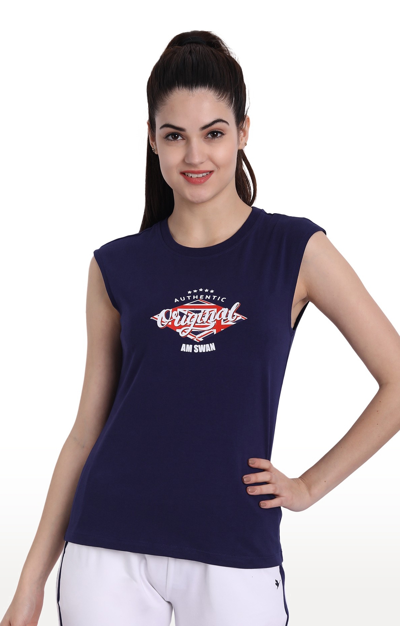 Women's Navy Cotton Blend Typographic Printed Regular T-Shirt