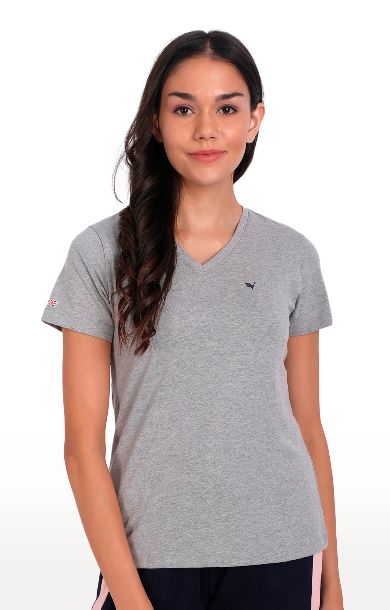 Women's Grey Cotton Blend Melange Textured Regular T-Shirt