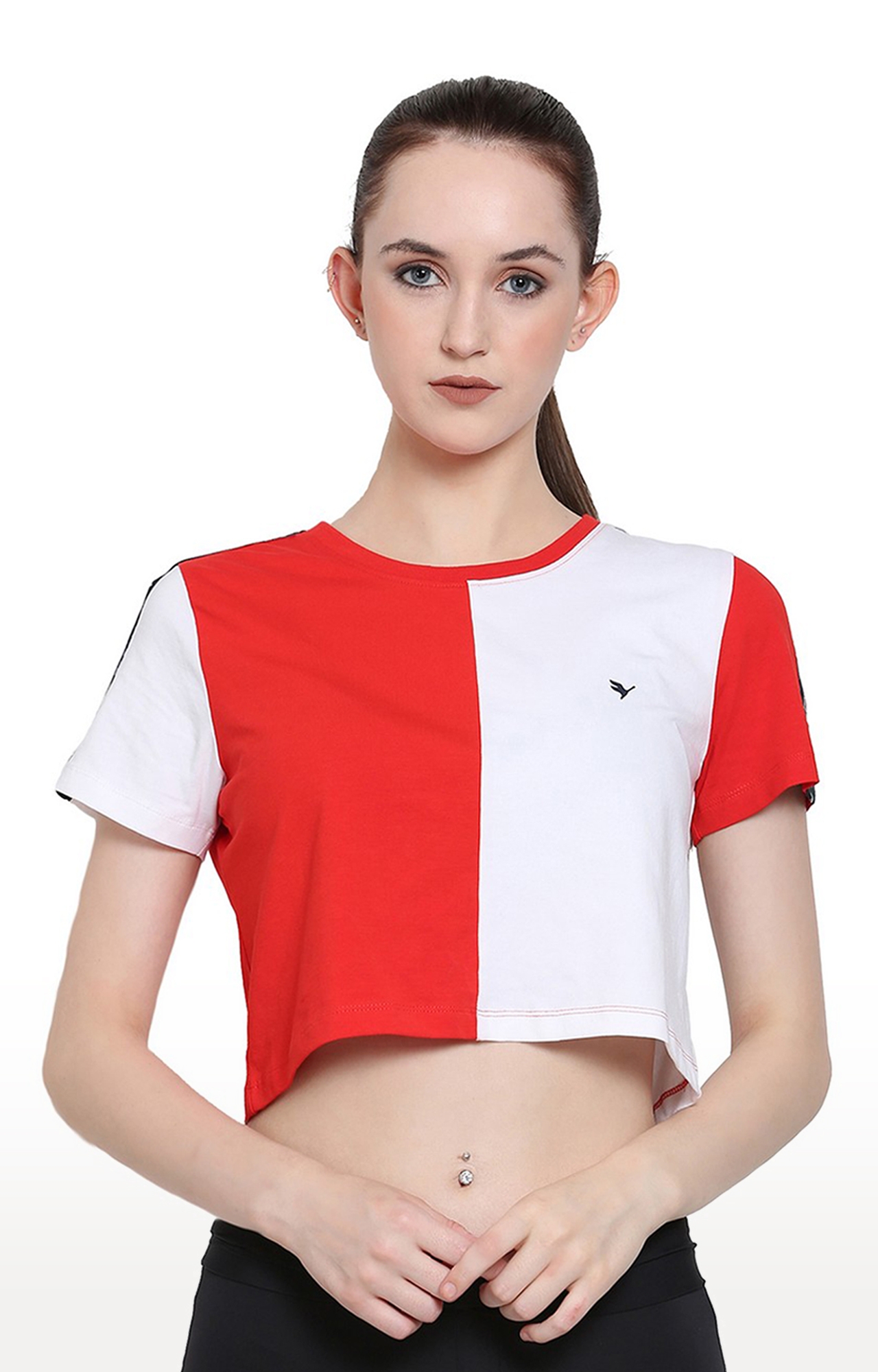 Am Swan | Women's Red and White Cotton Blend Colourblock Crop Top