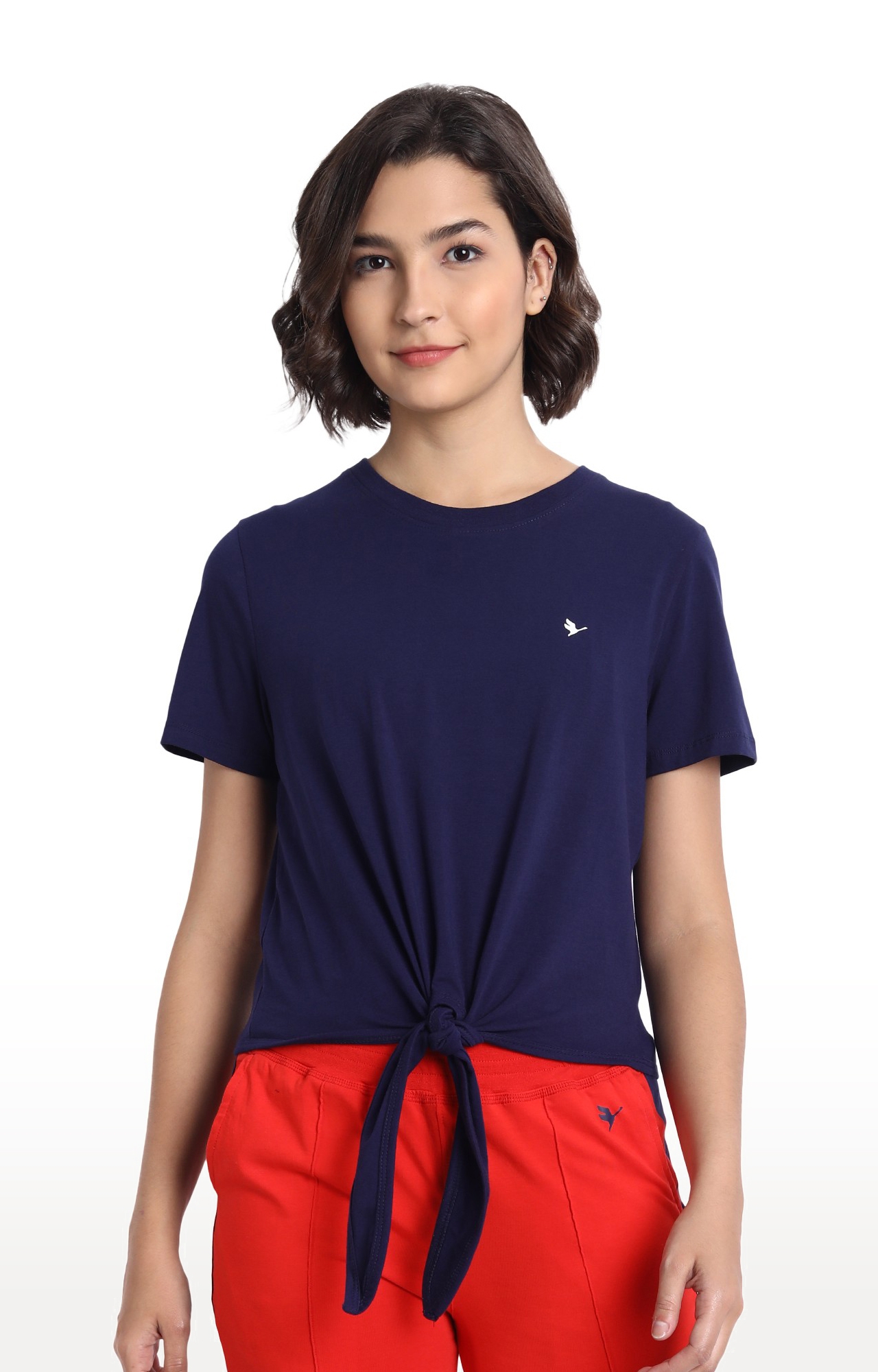 Am Swan | Women's Navy Cotton Blend Solid Regular T-Shirt 0