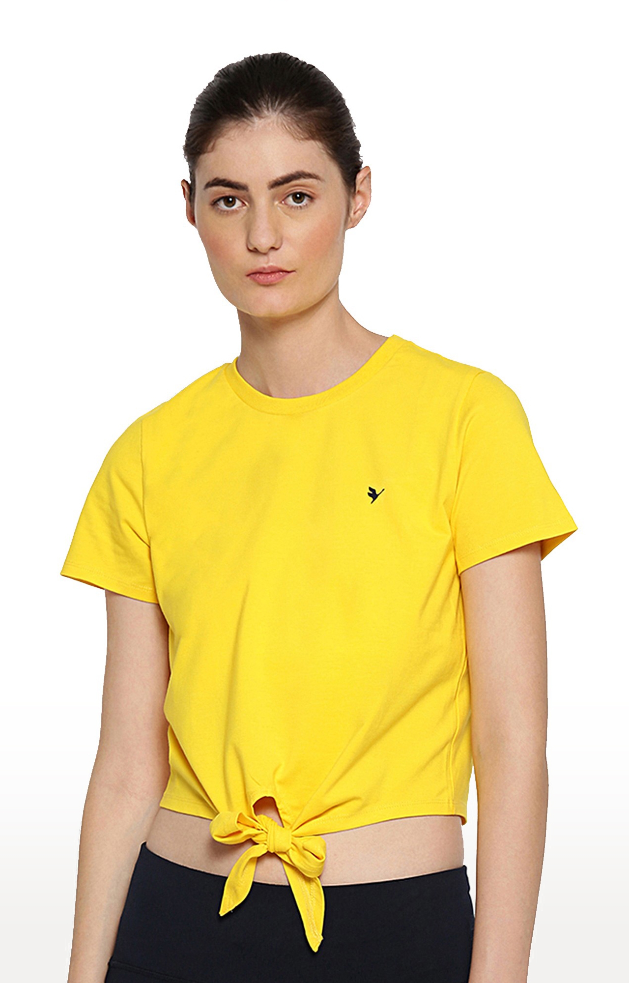 Am Swan | Women's Yellow Cotton Blend Solid Crop Top