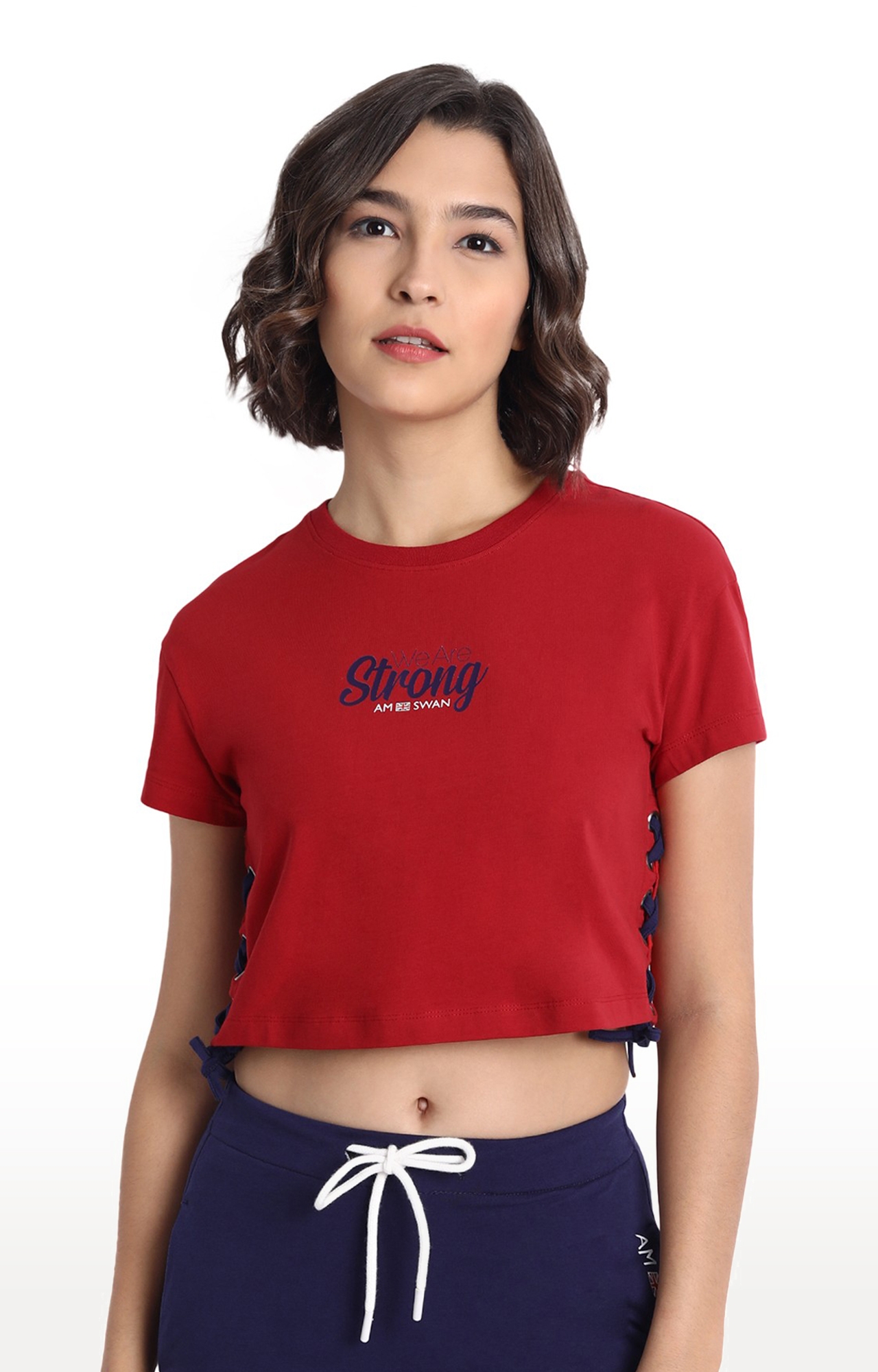 Women's Red Cotton Blend Typographic Printed Crop Top