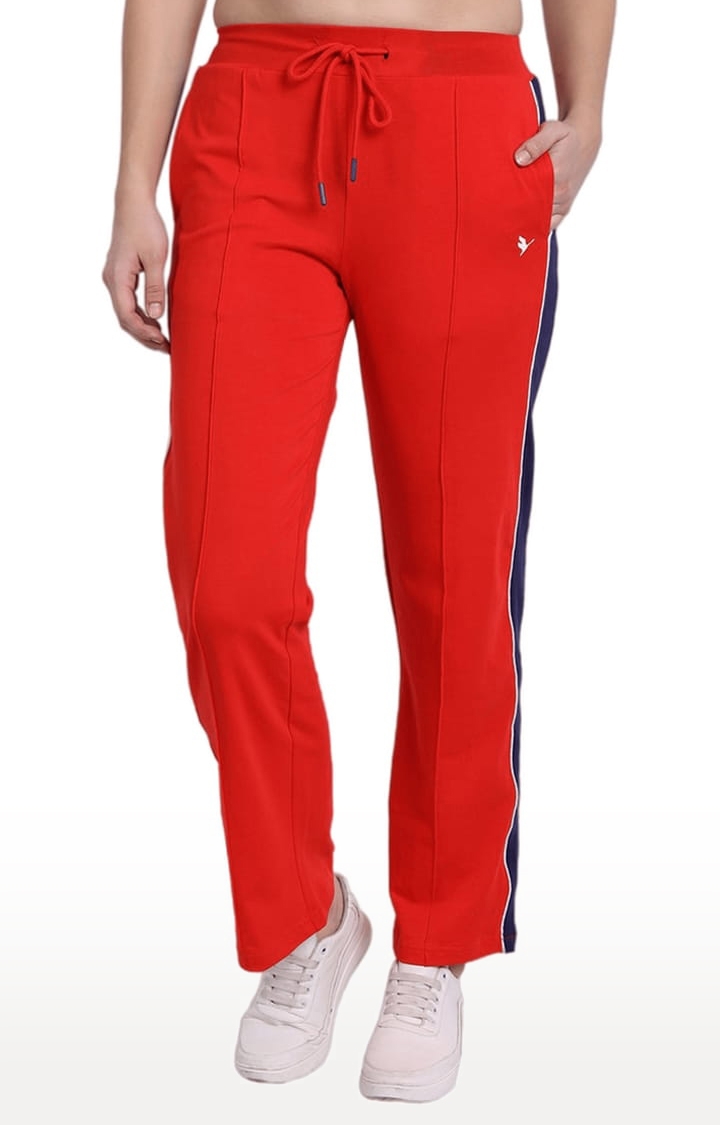 Women's Red Cotton Blend Solid Trackpant