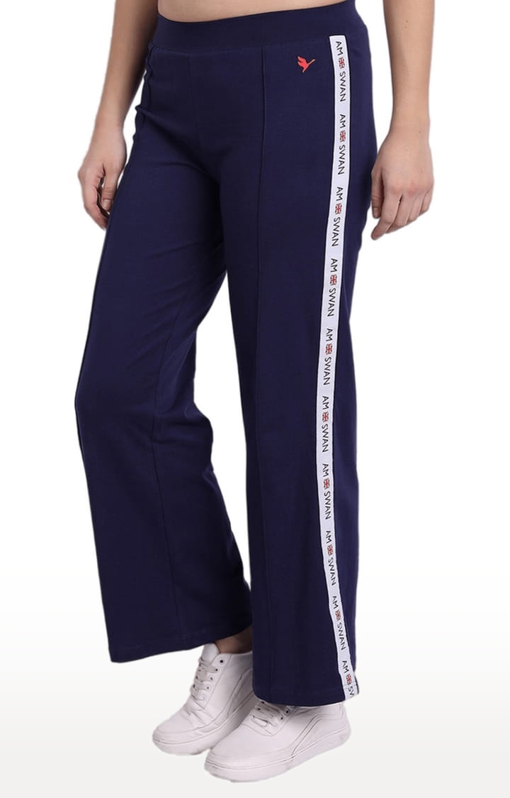 Women's Blue Cotton Blend Solid Trackpant