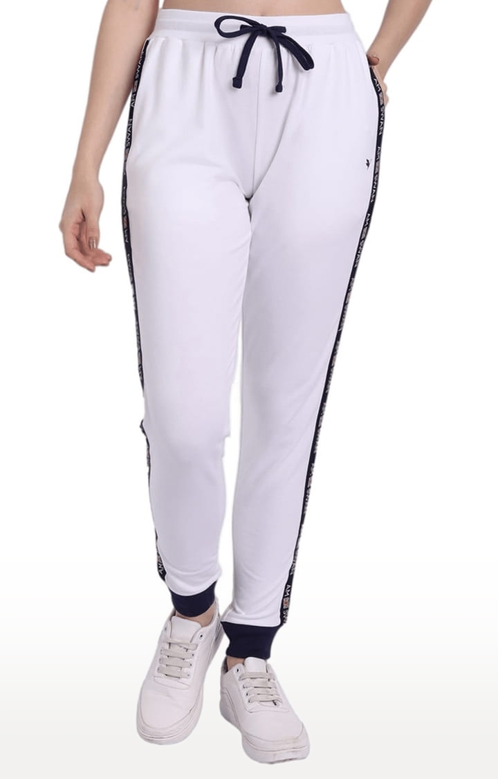 Women's White Cotton Blend Solid Activewear Jogger