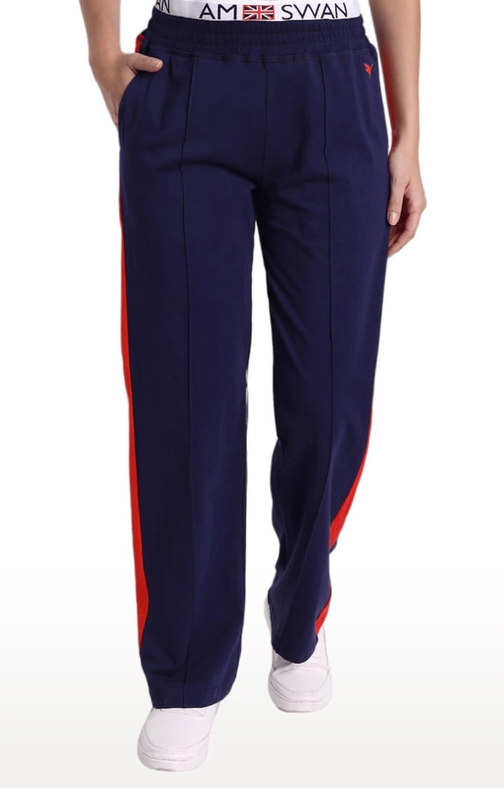 Am Swan | Women's Blue Cotton Blend Solid Trackpant