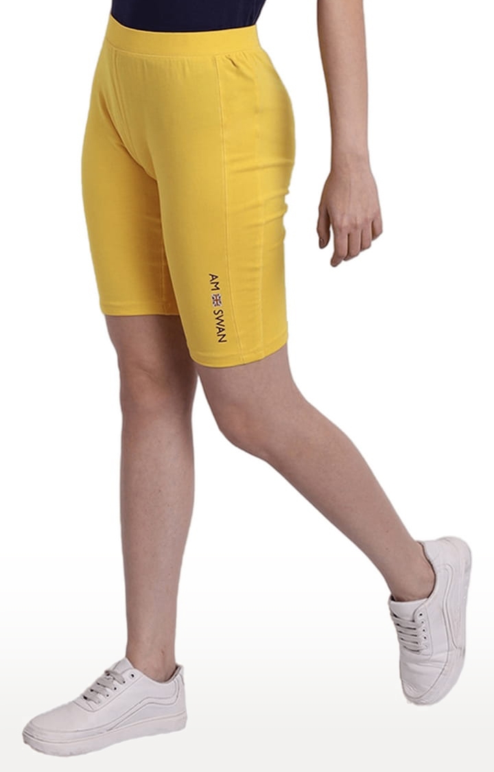 Women's Yellow Cotton Blend Solid Activewear Shorts