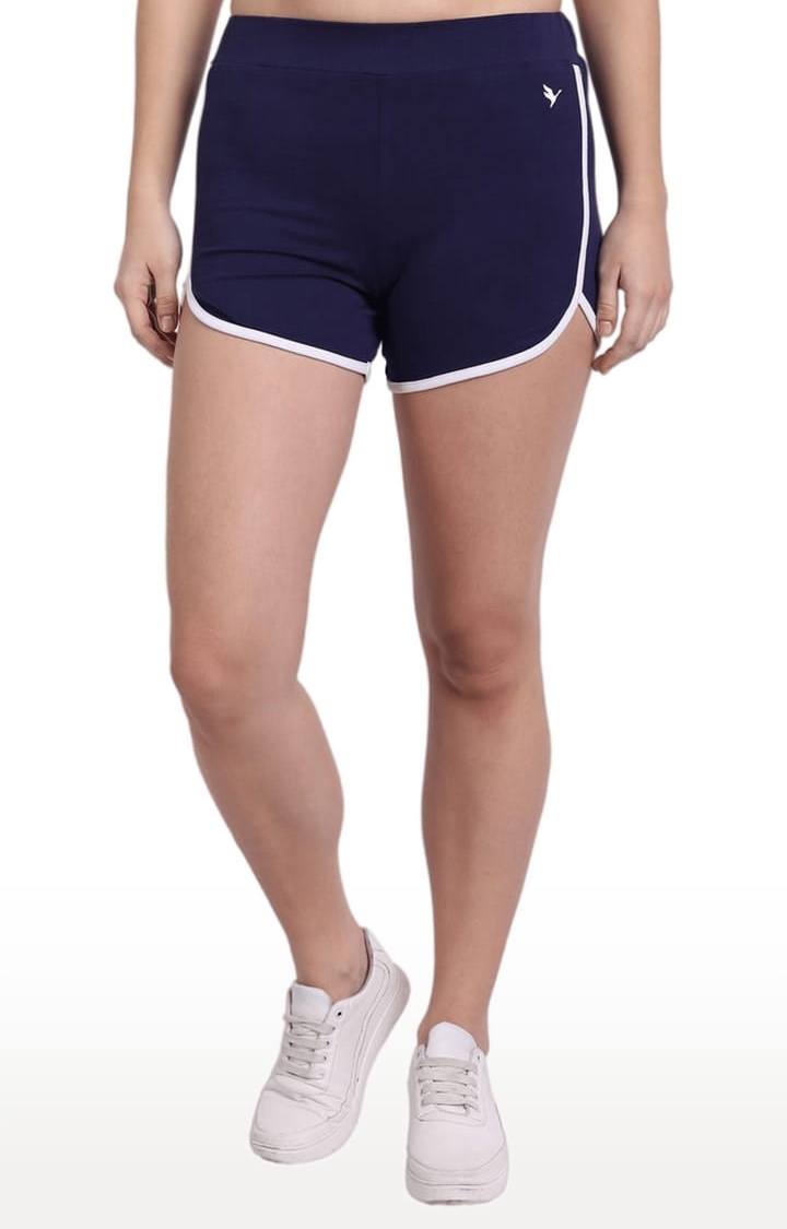 Am Swan | Women's Blue Cotton Blend Solid Activewear Shorts