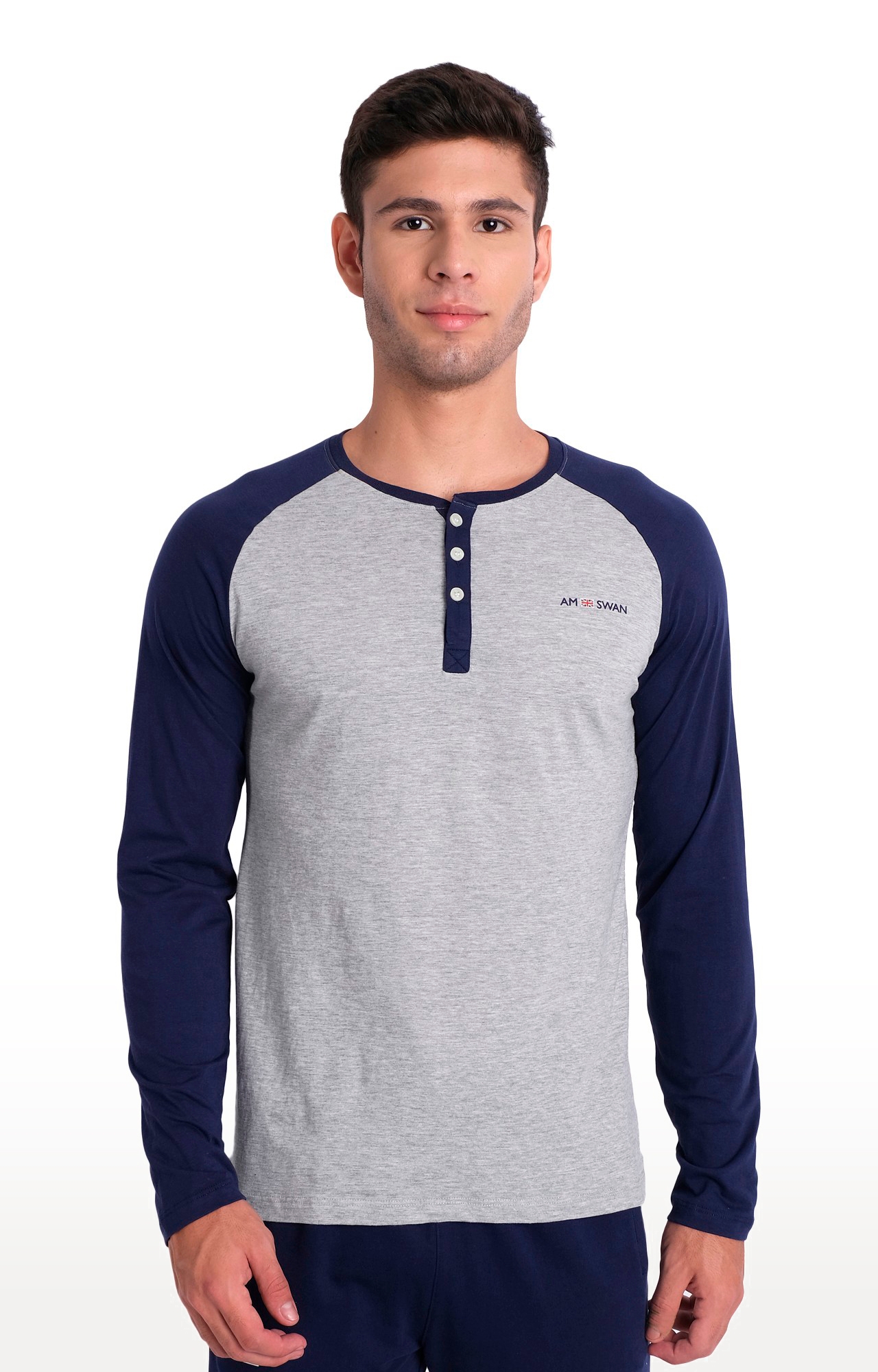 Men's Grey and Blue Cotton Melange Textured Regular T-Shirt