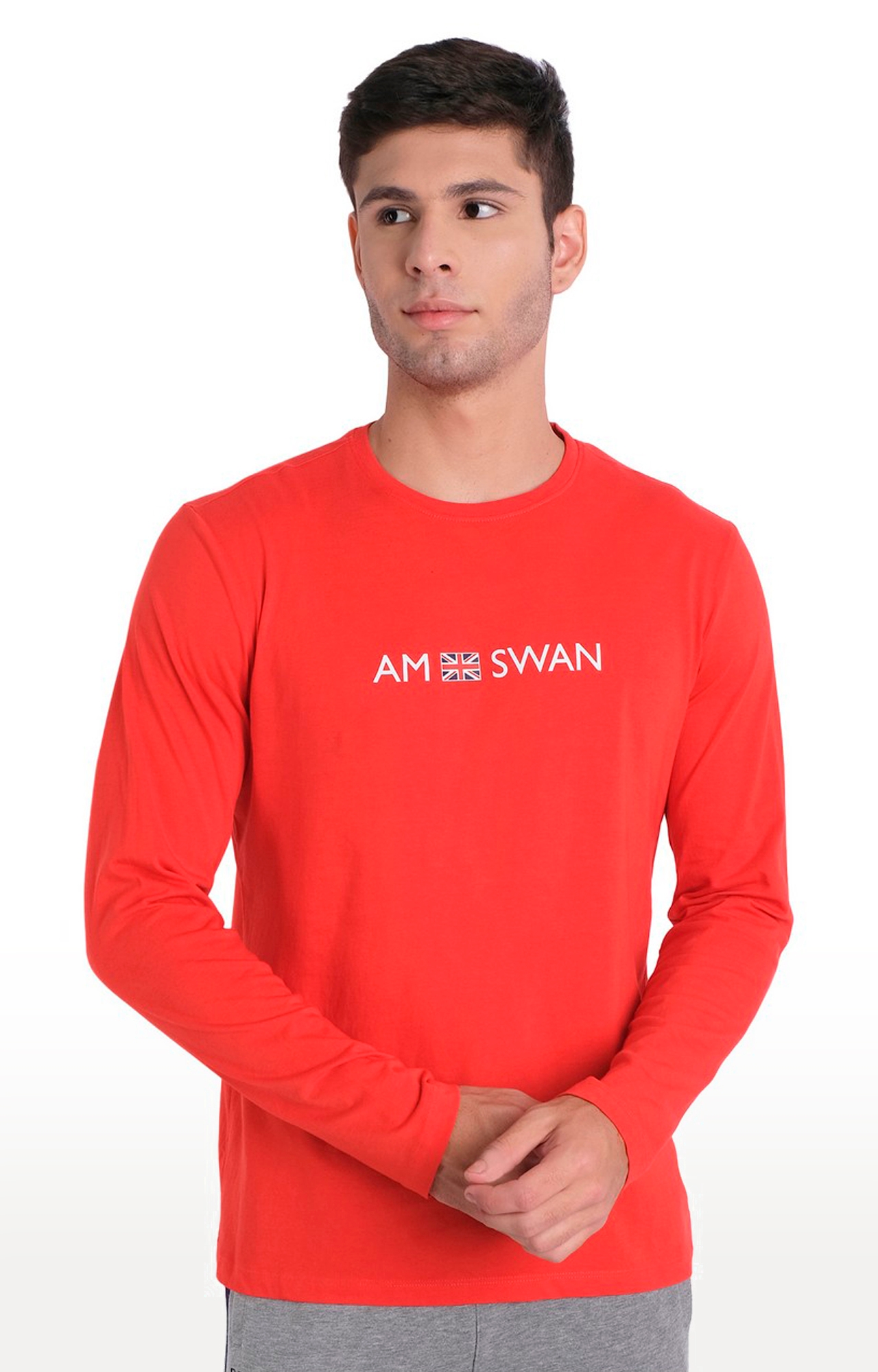 Am Swan | Men's Red Cotton Typographic Printed Regular T-Shirt