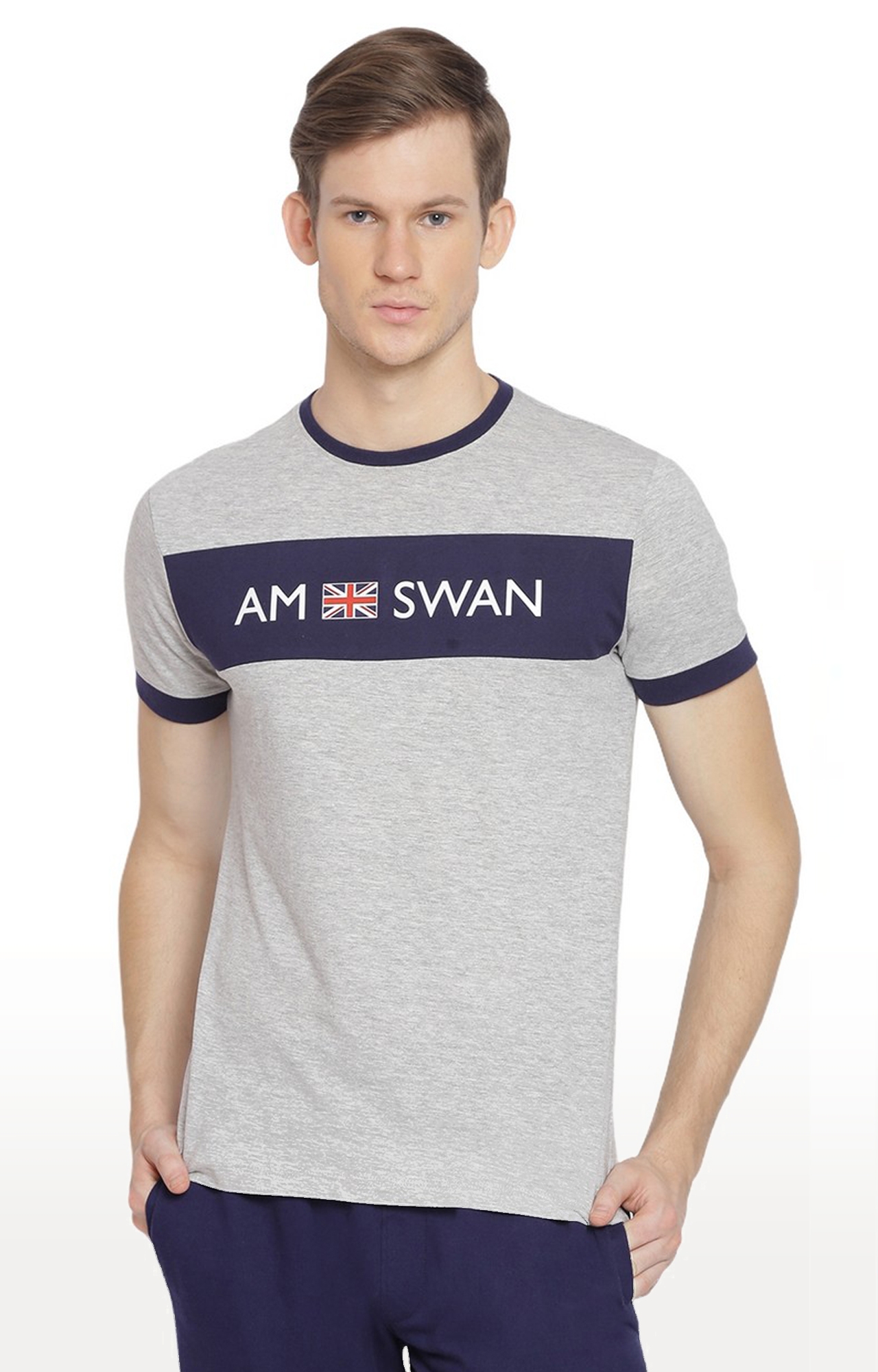 Am Swan | Men's Grey Cotton Melange Textured Regular T-Shirt