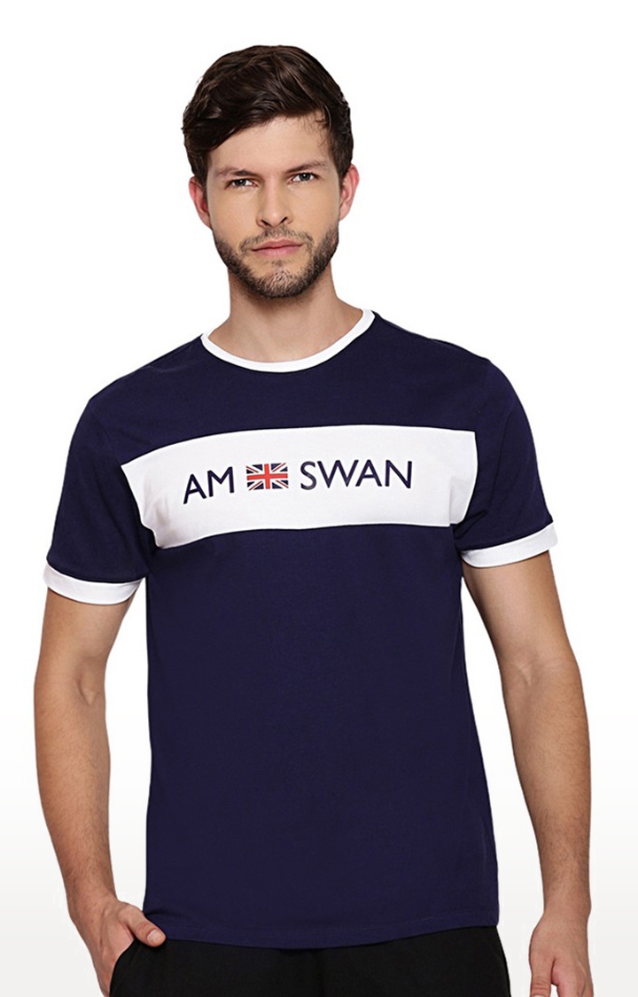 Am Swan | Men's Blue and White Cotton Typographic Printed Regular T-Shirt