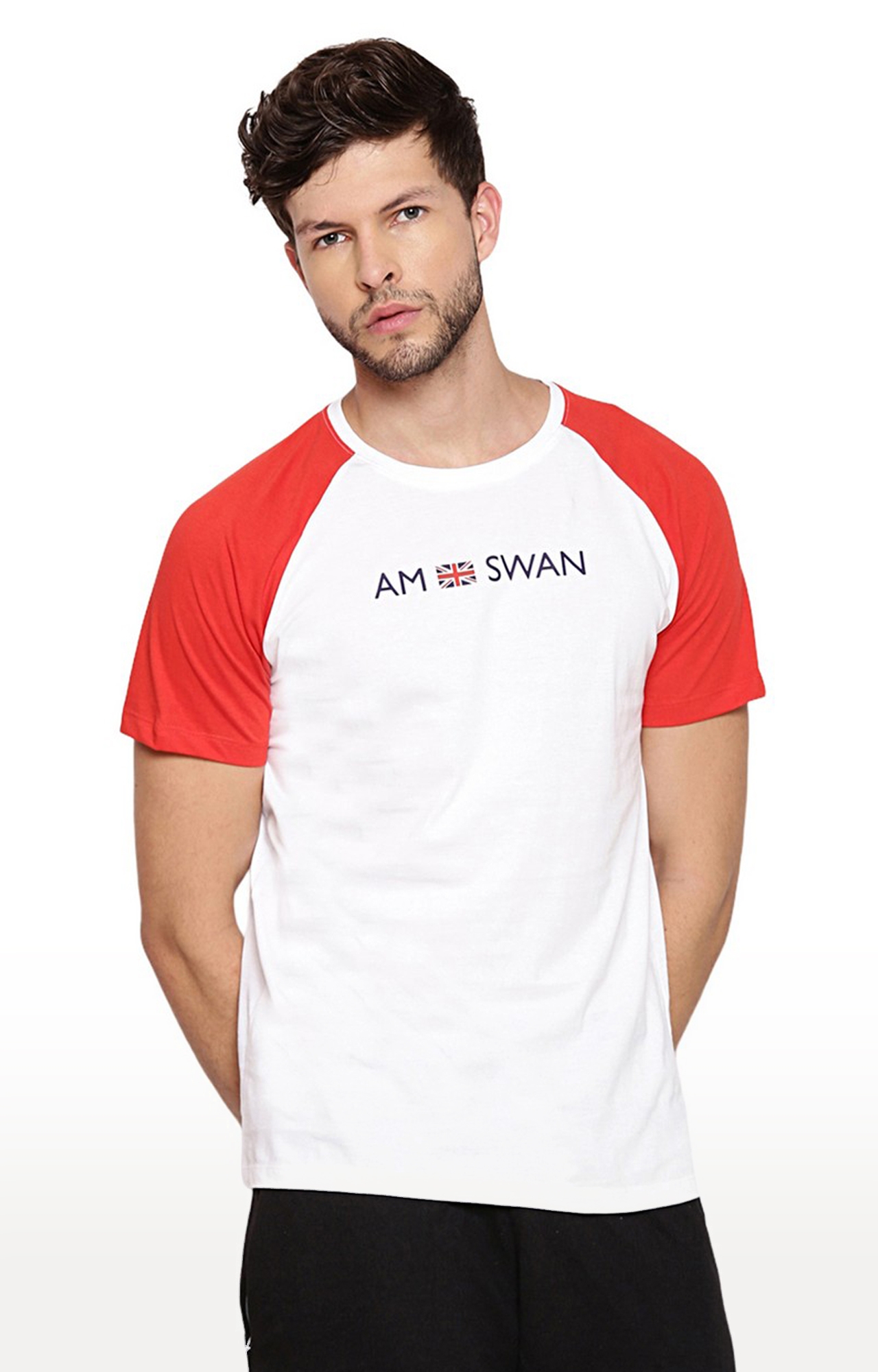 Am Swan | Men's White and Red Cotton Typographic Printed Regular T-Shirt