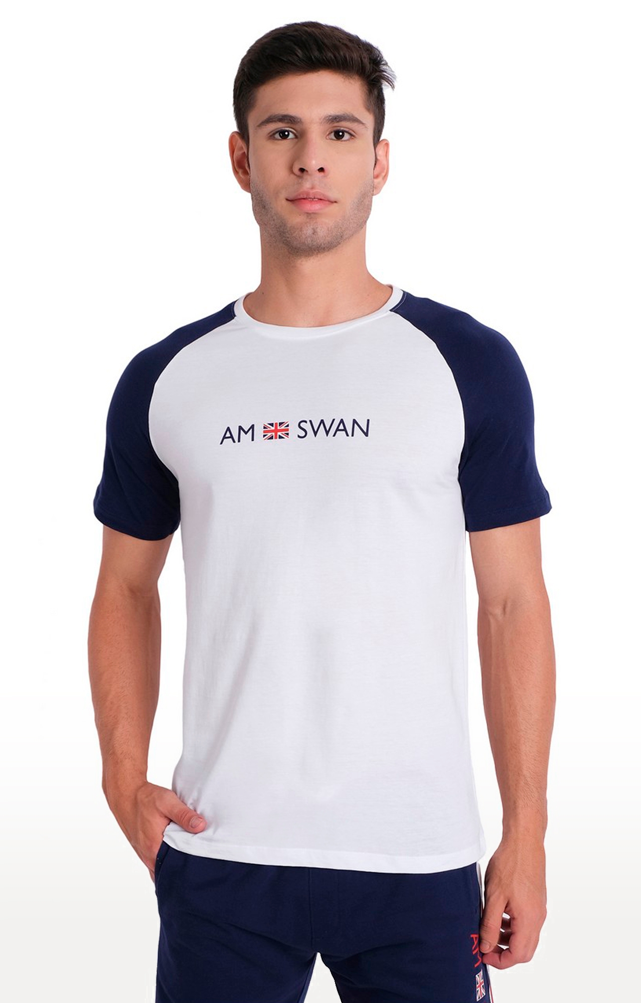 Am Swan | Men's White and Blue Cotton Typographic Printed Regular T-Shirt