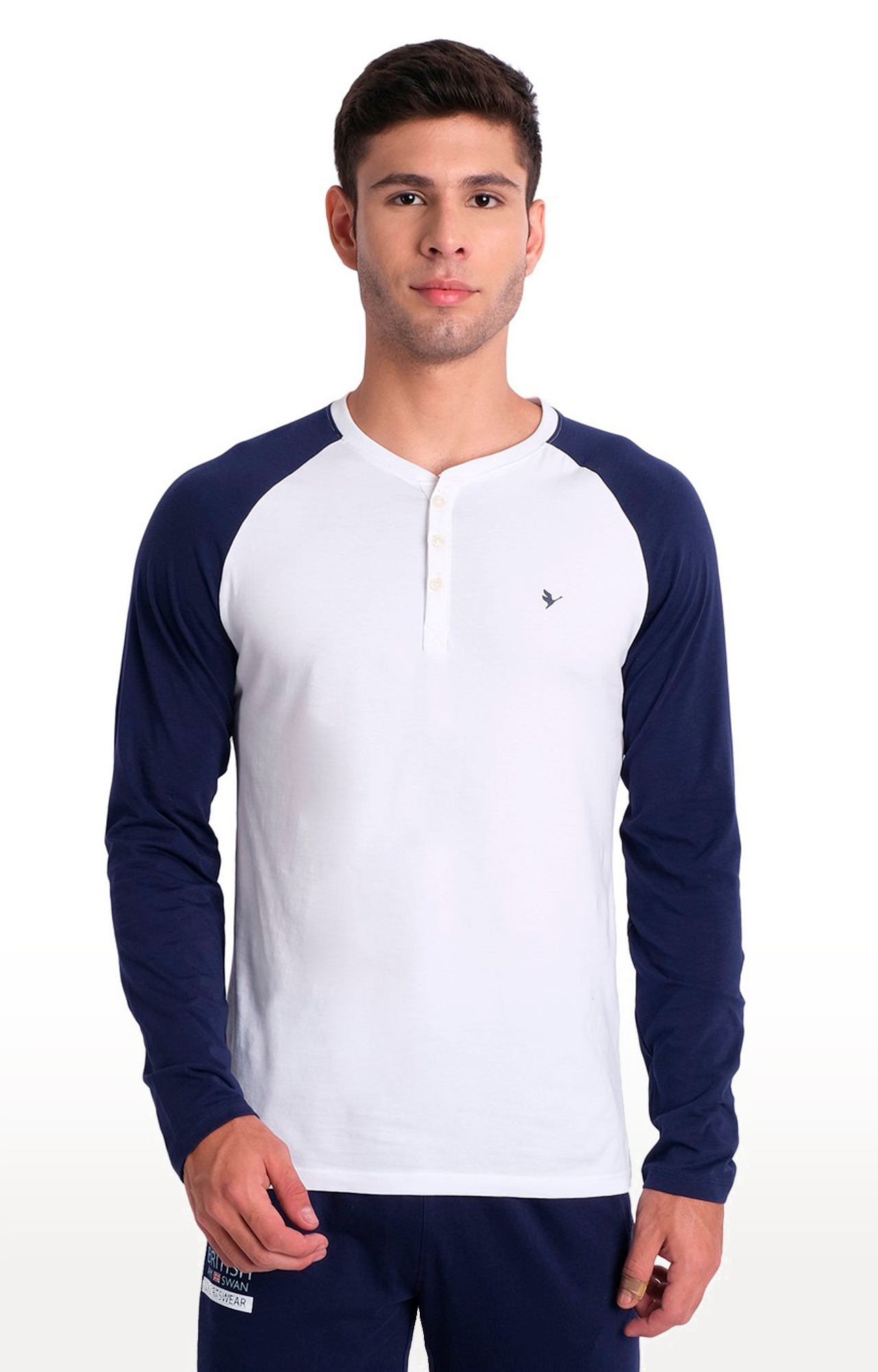 Men's White and Blue Cotton Blend Solid Regular T-Shirt
